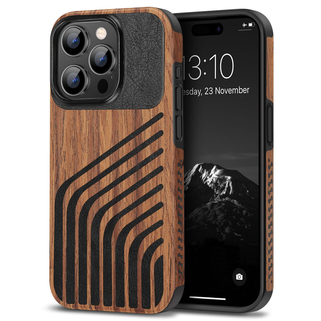 TENDLIN Compatible with iPhone 15 Case Wood Grain with Carbon Fiber Texture Design Leather Hybrid Slim Case (Black)