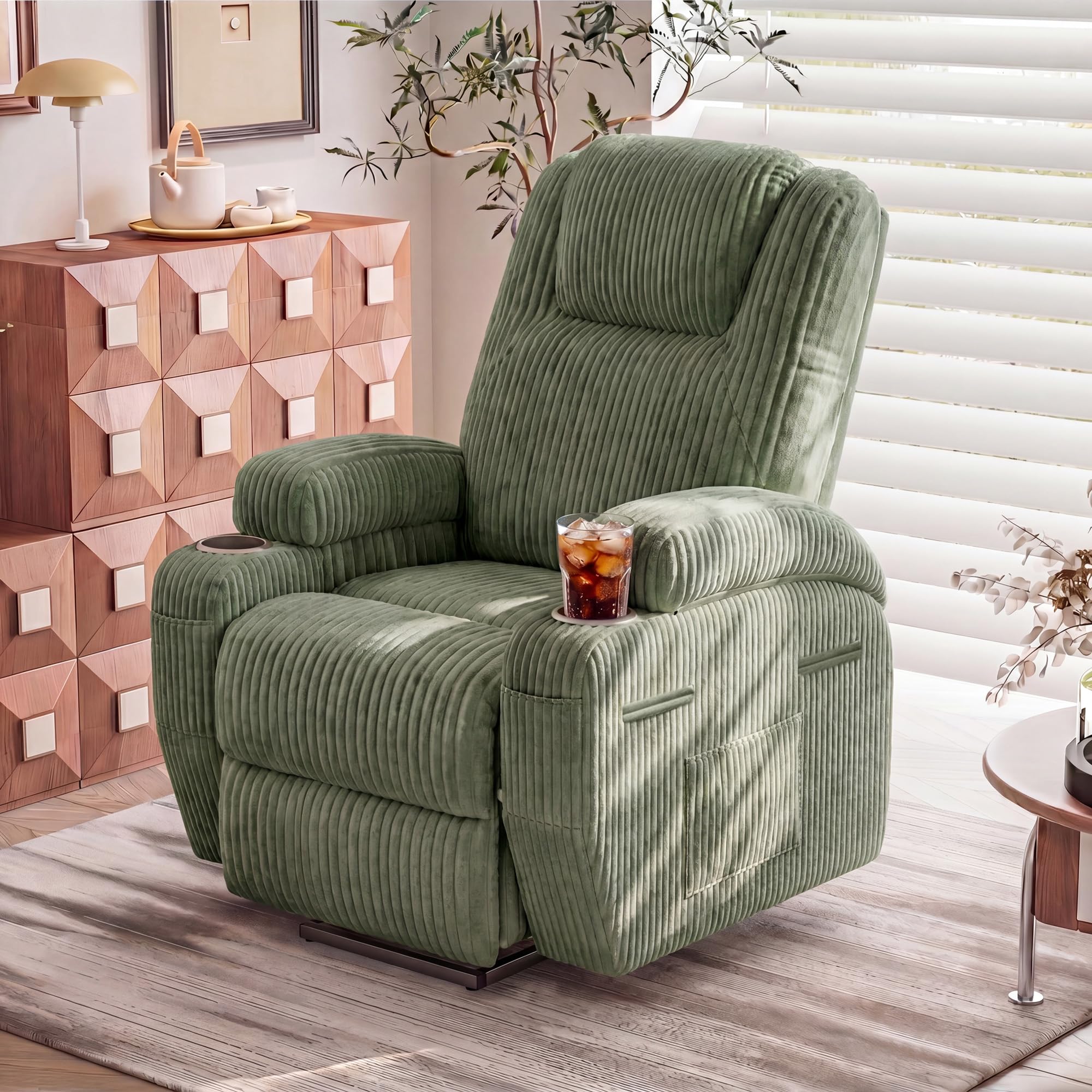 Furmax Electric Power Lift Recliner Chair with Massage for Elderly Corduroy Fabric Recliner Single Sofa with Cup Holders, Side Pockets and Remote Control for Living Room Bedroom (Leathaire, Brown)