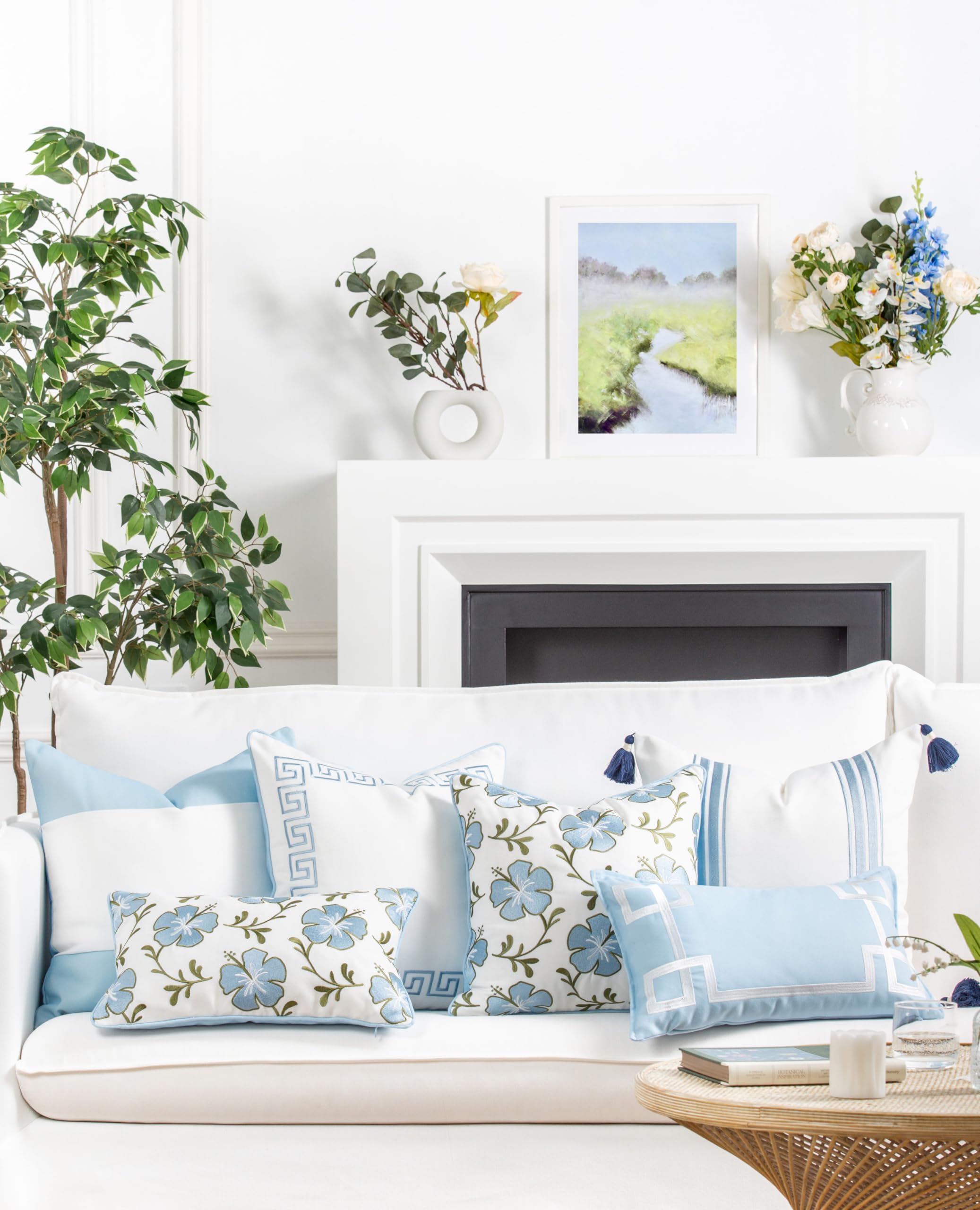 Hofdeco Premium Coastal Patio Indoor Outdoor Lumbar Pillow Cover Only, 12"x20" Water Repellent for Backyard, Couch, Baby Blue Green Floral with Piping