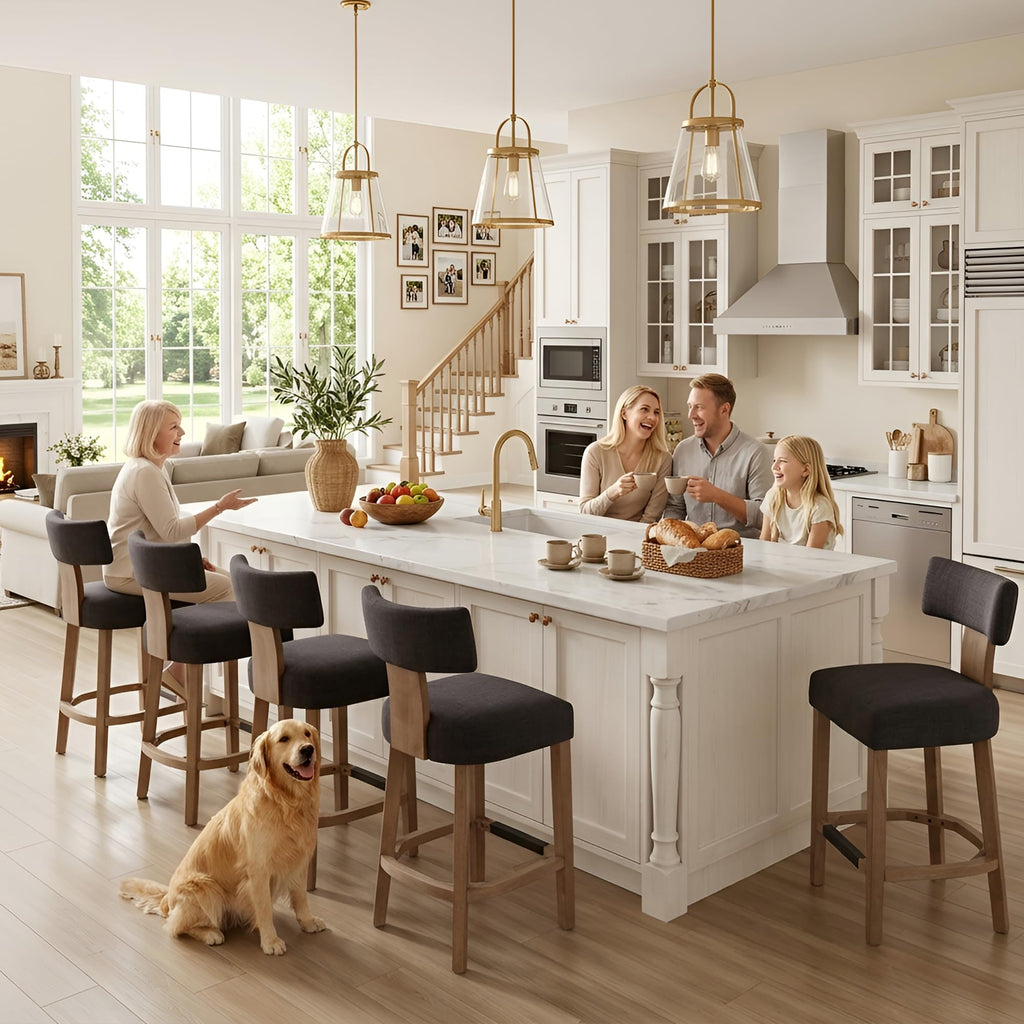 Farmhouse 30'' Extra Tall Bar Stools Set of 2 Modern Counter Height Barstools with Backs Rustic Wood Bar Stools Linen Upholstered Counter Chairs Kitchen Island Stool Chairs with Wood Frame, Beige
