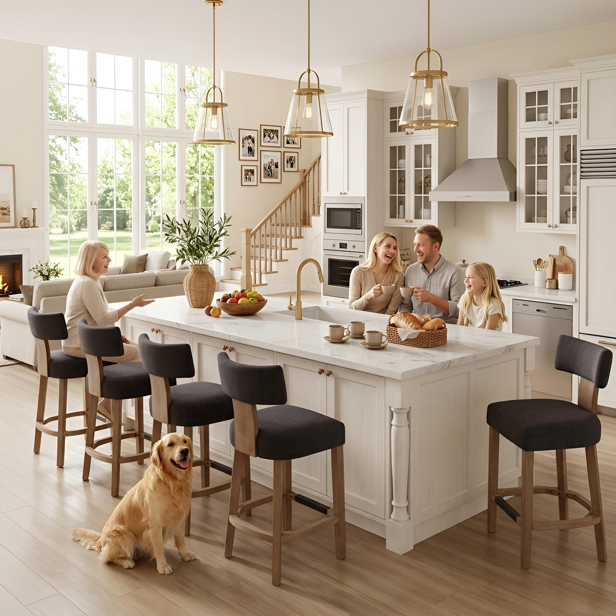 Farmhouse 30'' Extra Tall Bar Stools Set of 2 Modern Counter Height Barstools with Backs Rustic Wood Bar Stools Linen Upholstered Counter Chairs Kitchen Island Stool Chairs with Wood Frame, Beige
