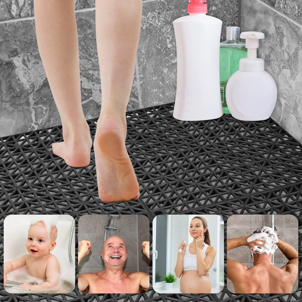 ToLanbbt Modular Interlocking Cushion 8P 11.8" x 11.8" Interlocking Rubber Floor Drain Holes Non-Slip Splicing Drainage Mats for Deck, Shower, Kitchen, Drain Pool, Sauna Bath, Indoor Outdoor (Black)