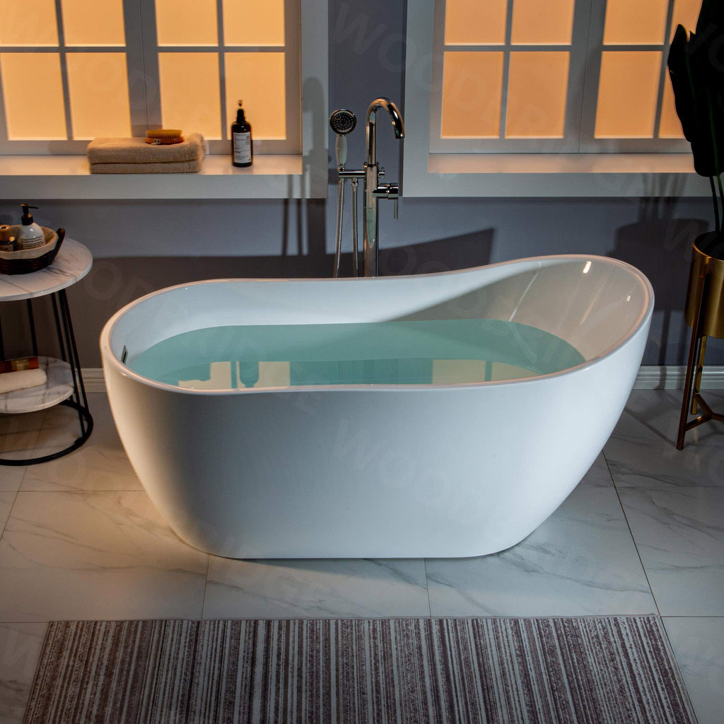 WOODBRIDGE 59" Acrylic Freestanding Bathtub Contemporary Soaking White Tub with Brushed Gold Overflow and Drain， B1530 -BG-Drain &O