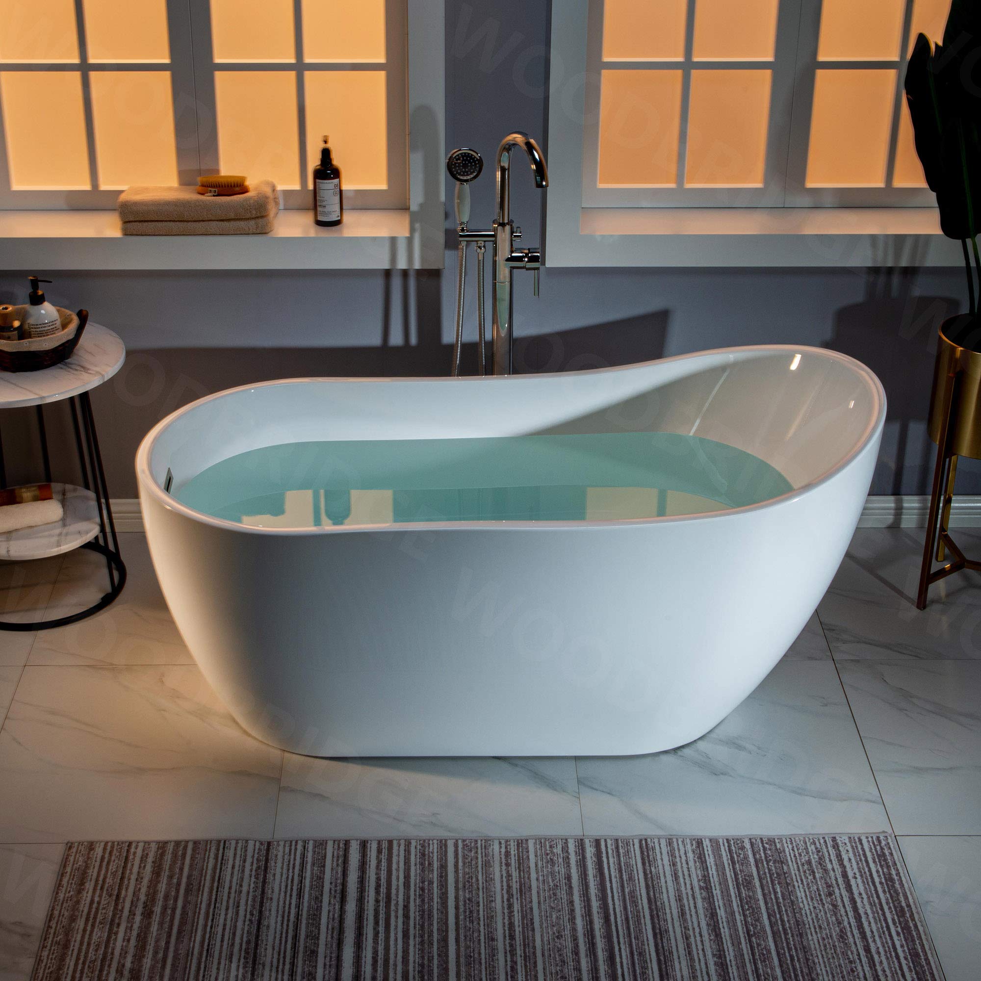 WOODBRIDGE 59" Acrylic Freestanding Bathtub Contemporary Soaking White Tub with Brushed Gold Overflow and Drain， B1530 -BG-Drain &O
