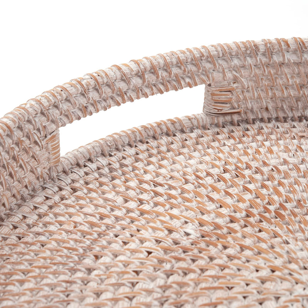 Round Rattan Serving Tray Decorative Woven Ottoman Trays with Handles for Coffee Table Natural (Small 11.8 inch x 2 inch)
