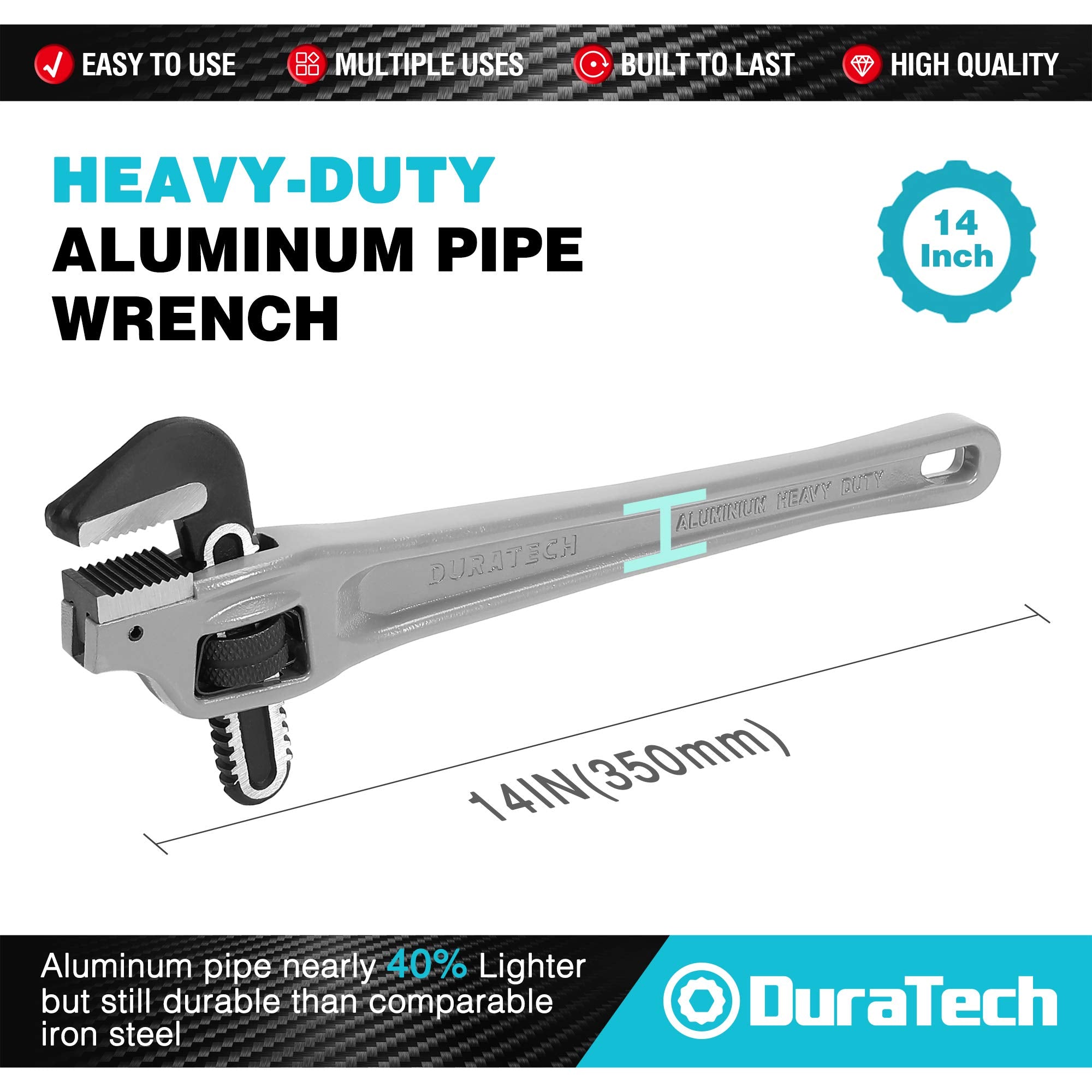 DURATECH 8-inch Heavy Duty Aluminum Straight Pipe Wrench, Adjustable Plumbing Wrench, Drop Forged, Exceed GGG standard