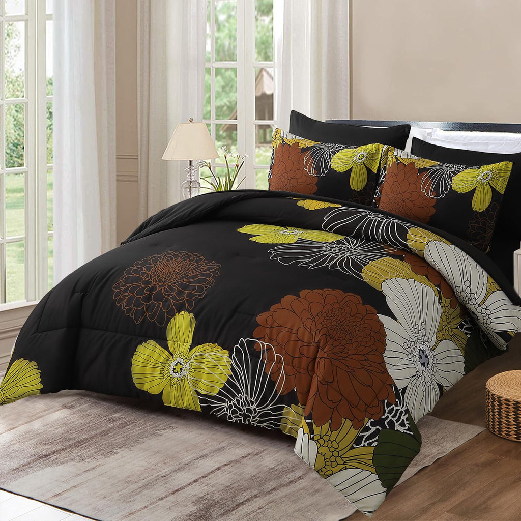 Yiran 7 Pieces Bed in a Bag Blue Floral Comforter Set Queen Size Flowers Comforter Set Soft Microfiber Bedding Set (1 Comforter 1 Flat Sheet 1 Fitted Sheet 2 Pillowshams 2 Pillowcases)