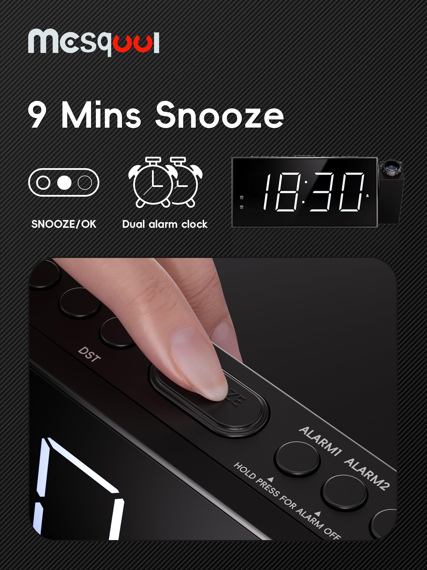 Digital Projection Alarm Clocks for Bedrooms - Large LED Display, 180° Rotatable Projector, 5-Level Dimmer,USB Charger,Battery Backup,Loud Dual Alarms for Kids Elderly,Heavy Sleepers,Snooze,12/24H,DST