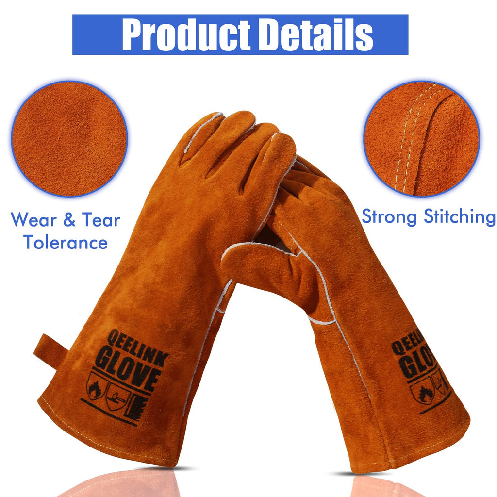 QeeLink Welding Gloves - Heat Resistant Leather and Fireproof Stitching for Fireplace Fire Pit Wood Stove BBQ Gardening Gear