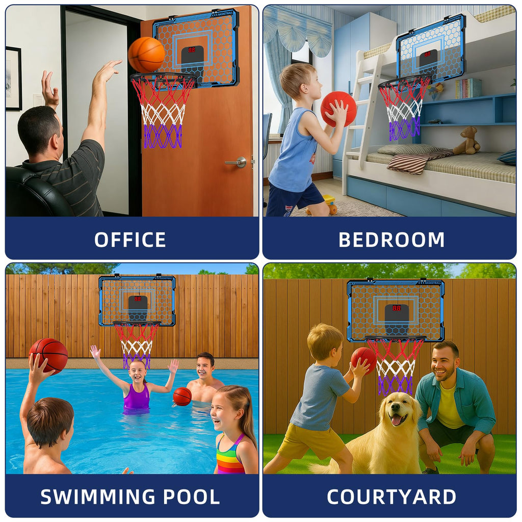 Molutsody Over The Door Basketball Hoop, for Kids (Blue) | Mini Hoop with LED Light & Scoreboard. Includes 3 Balls & Air Pump. Gifts for 4-12 Year Old Boys Girls
