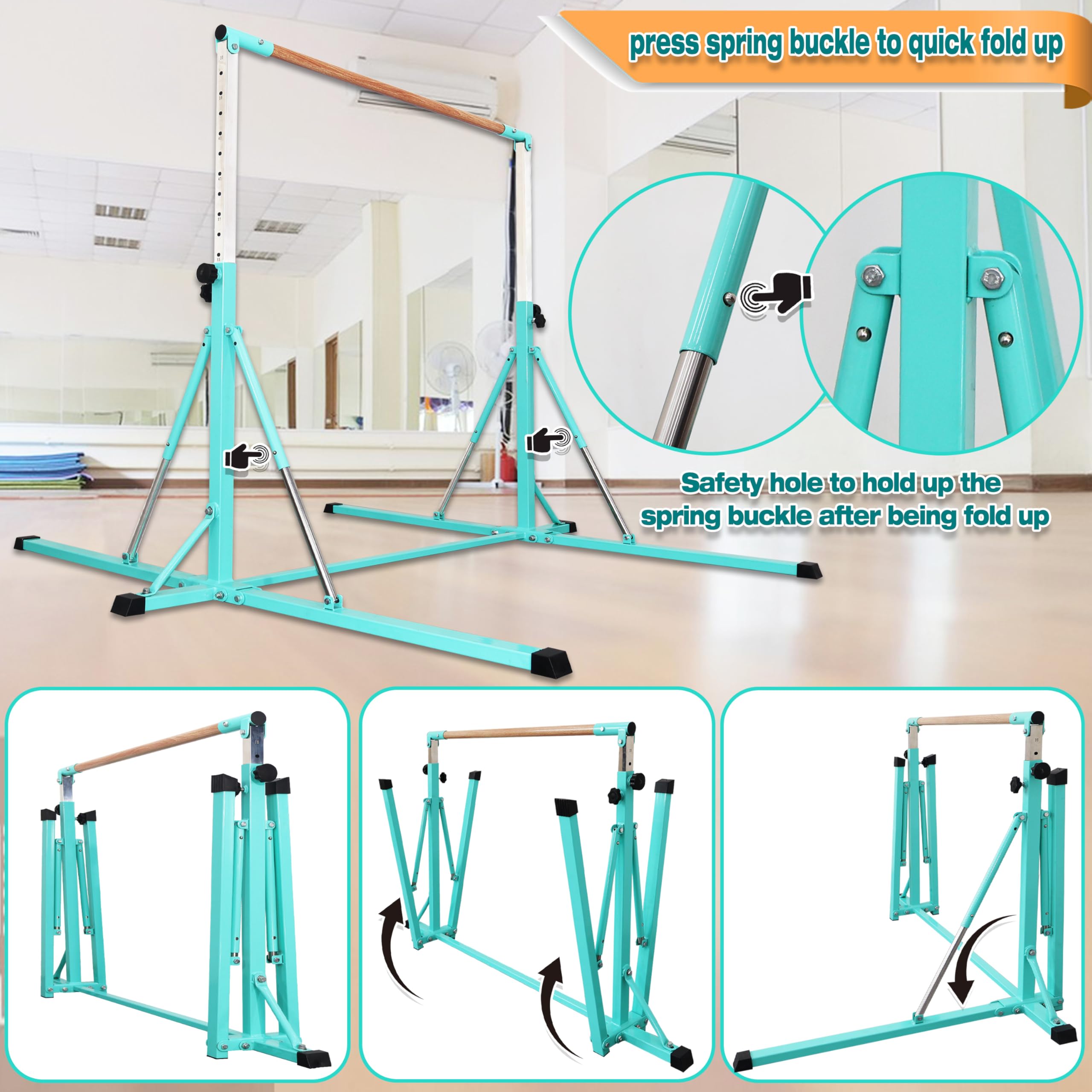 FC FUNCHEER Gymnastics Bar for Kids Ages 3-15, 35" to 60" Adjustable Height, 4FT Wide Base - Professional Kip Bar with 360° Stability & Fiberglass Crossbar, Easy Fold&Solid Design for Home Training