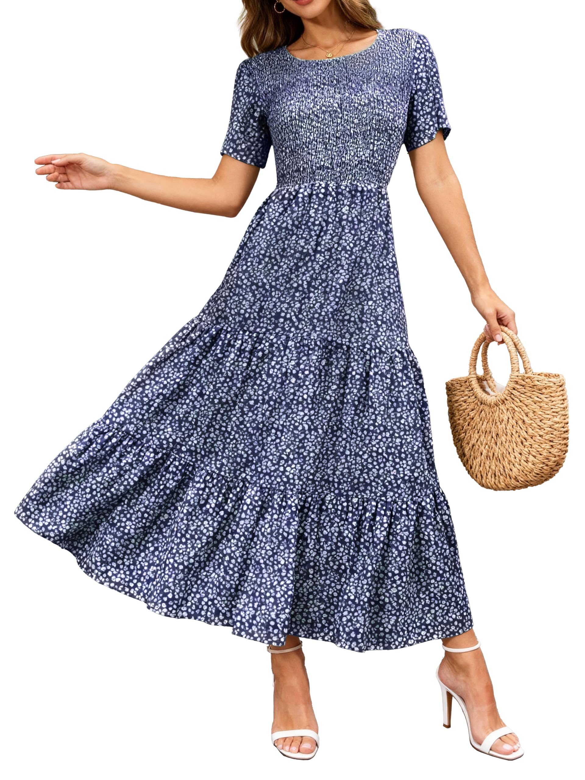 BTFBM Women Casual Short Sleeve Crew Neck Summer Dress Bohemian Floral Printed Flowy Maxi Dresses Tiered Cocktail Dress