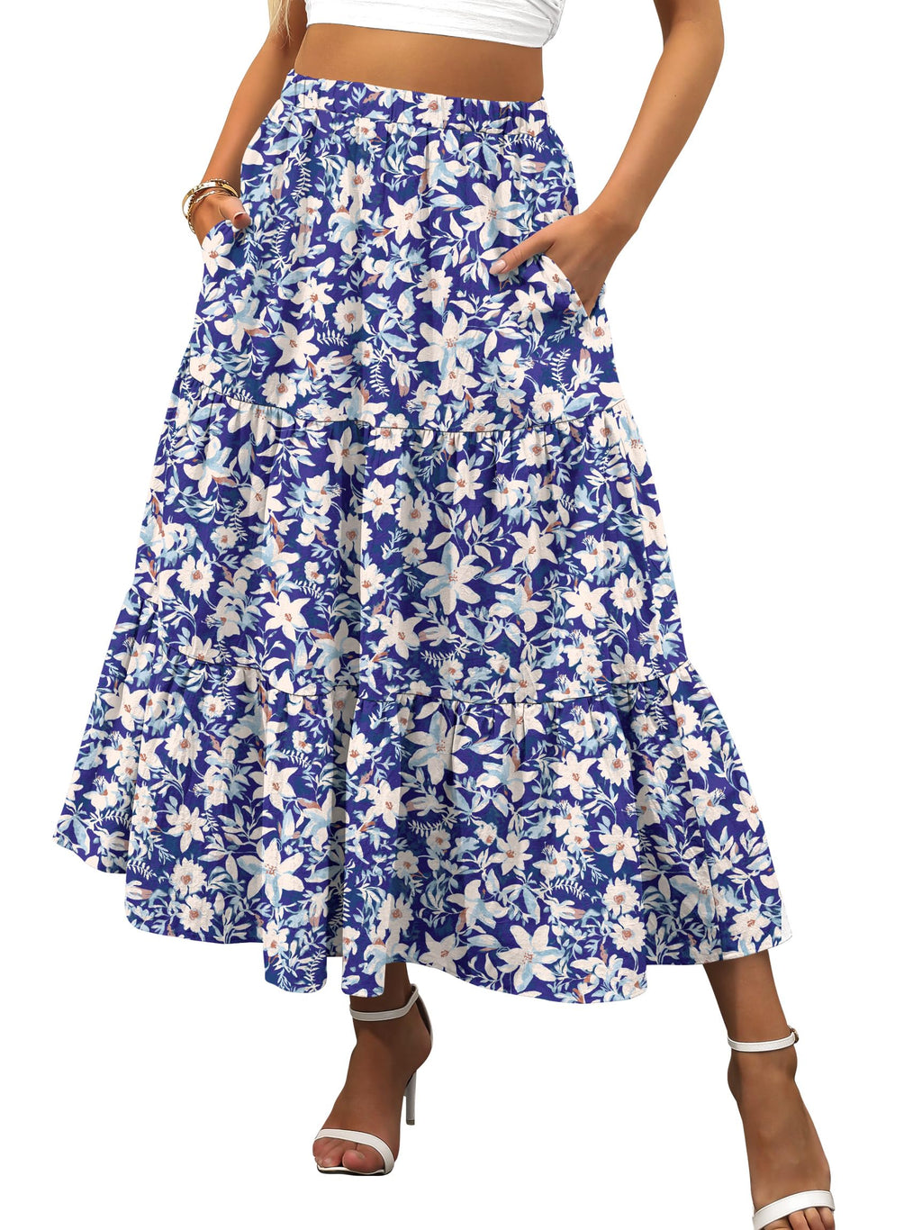 ANRABESS Women’s Summer Boho Flowy Swing Tiered A-Line Maxi Skirt 2026 Fashion Trendy Elastic Waist Pleated Long Beach Dress