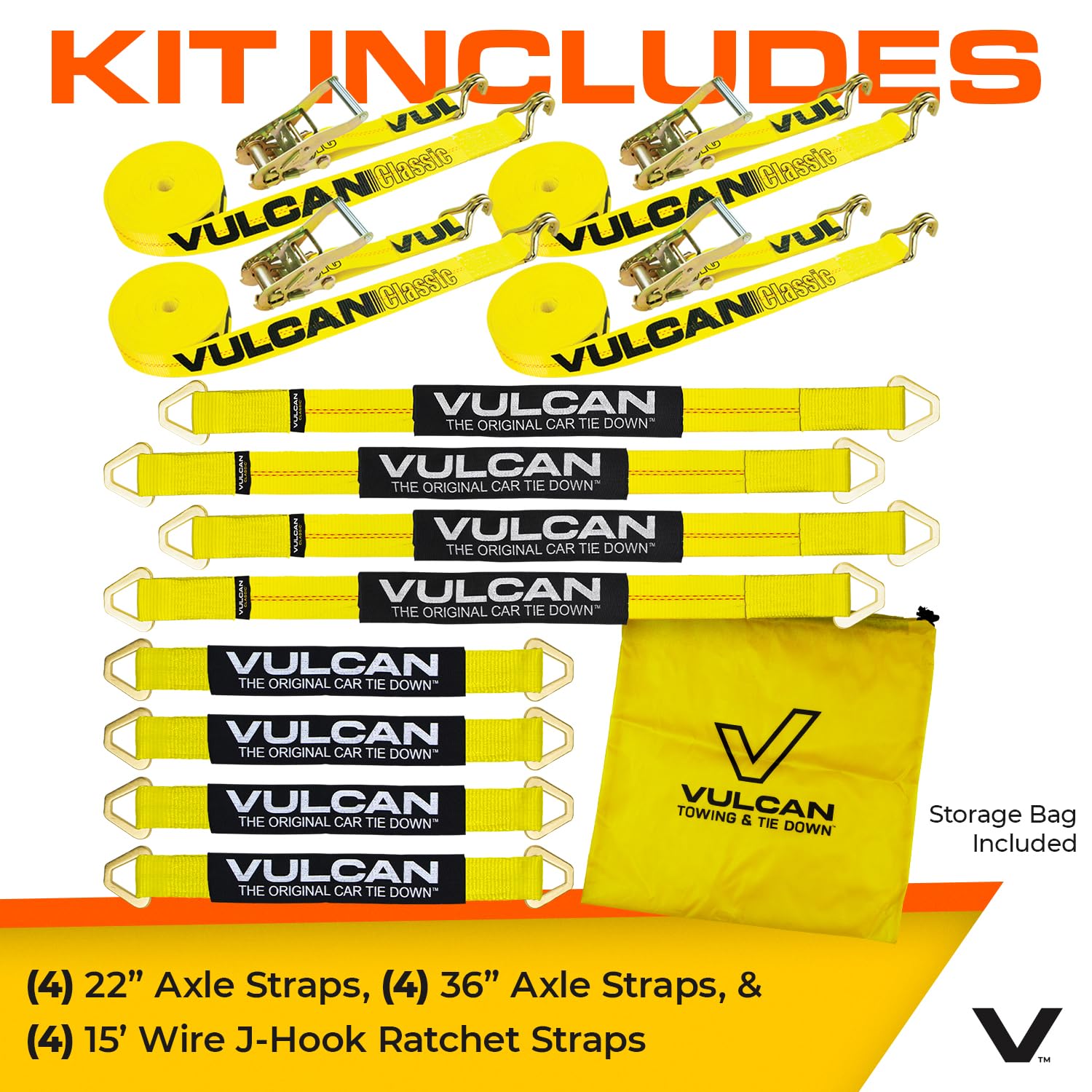 VULCAN Complete Axle Strap Tie Down Kit with Snap Hook Ratchet Straps - Classic Yellow - Includes (4) 22 Inch Axle Straps, (4) 36 Inch Axle Straps, and (4) 8' Snap Hook Ratchet Straps