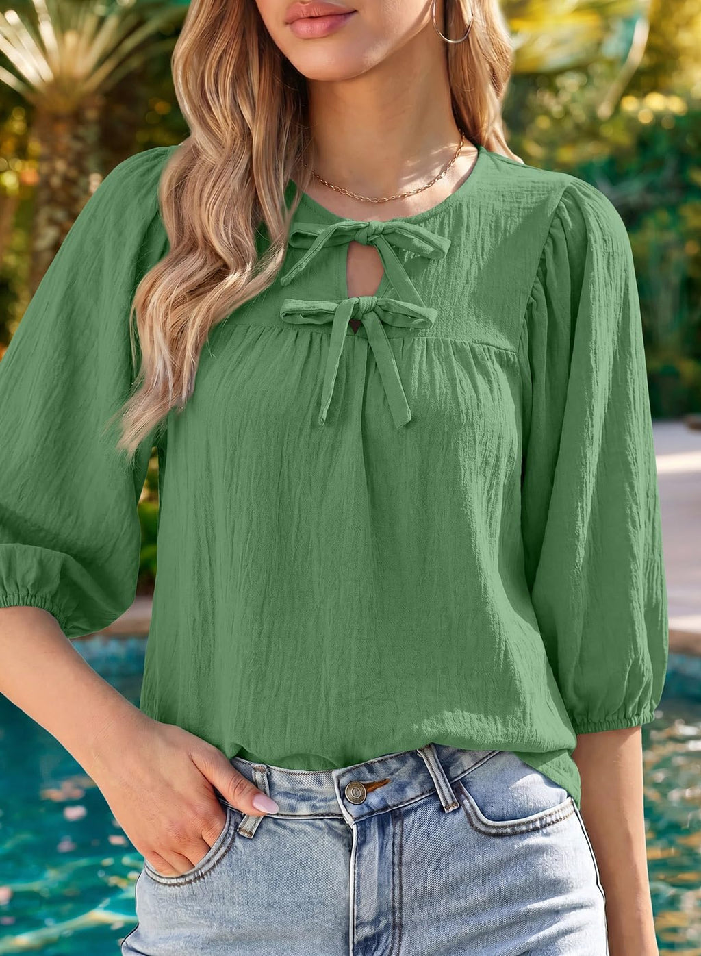 SHEWIN Womens Tops 3/4 Sleeves Blouse Babydoll Dressy Casual Top Elegant Bow Tie Loose Ladies Shirts 2026