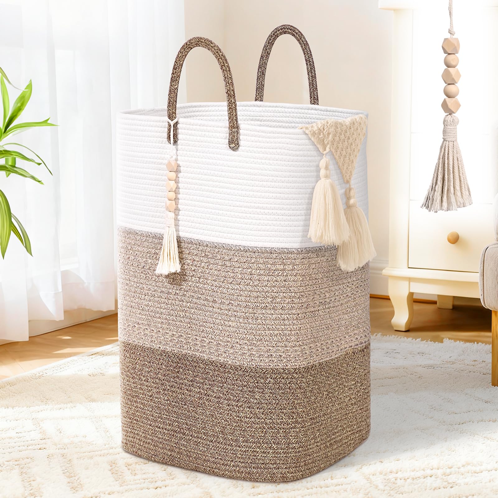 Woven Laundry Basket for Clothes, 50L Large Rectangle Laundry Hampers with Beads Tassel, Nursery Storage Basket for Toys, Tall Dirty Clothes Hamper for Bedroom Aesthetic, Laundry Room Organization