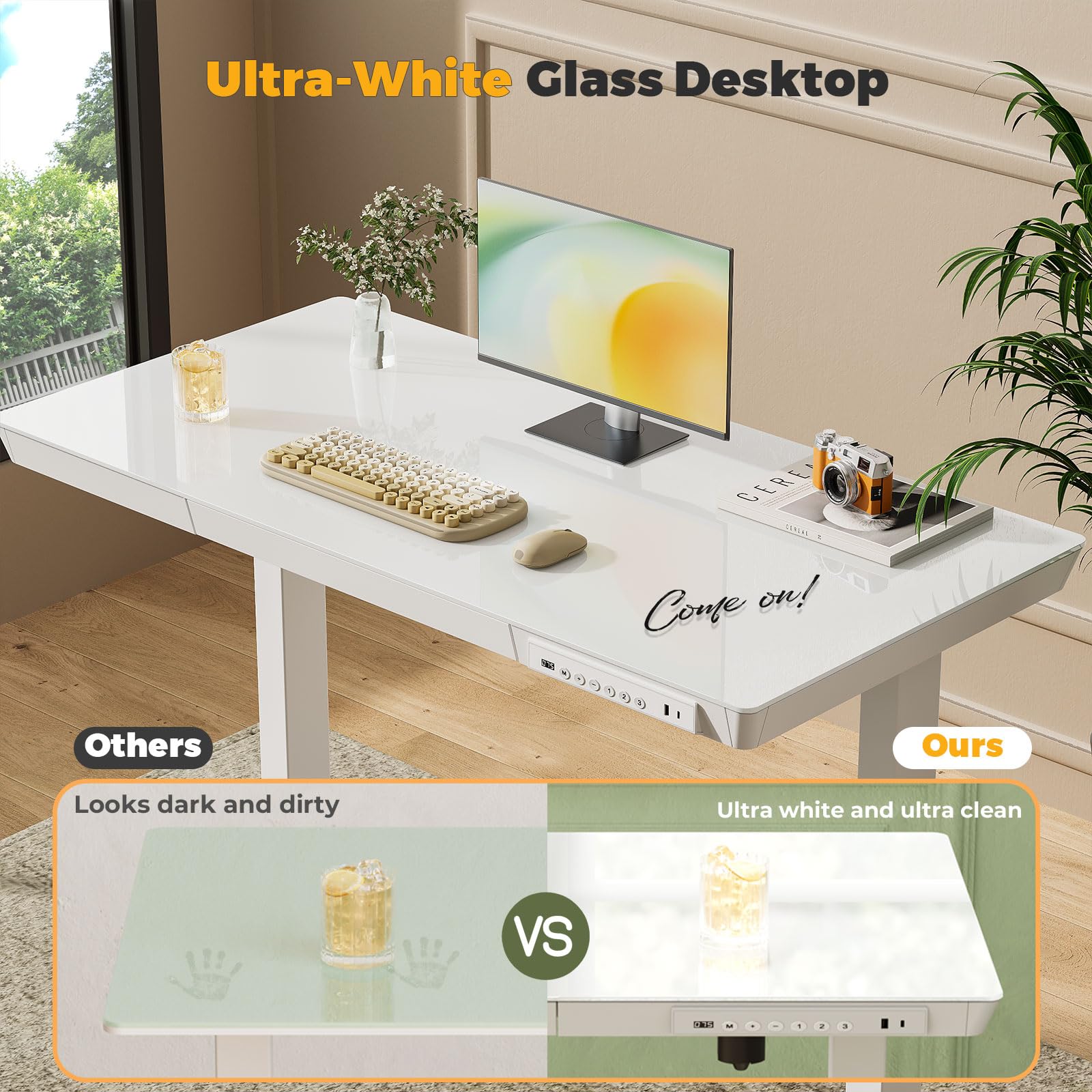 Glass Electric Standing Desk with Drawer, 35" x 20" Whole Piece Tabletop Samll Sit Stand Table, Height Adjustable Workstation with Storage & USB Ports, Quick Install Home Office Desk