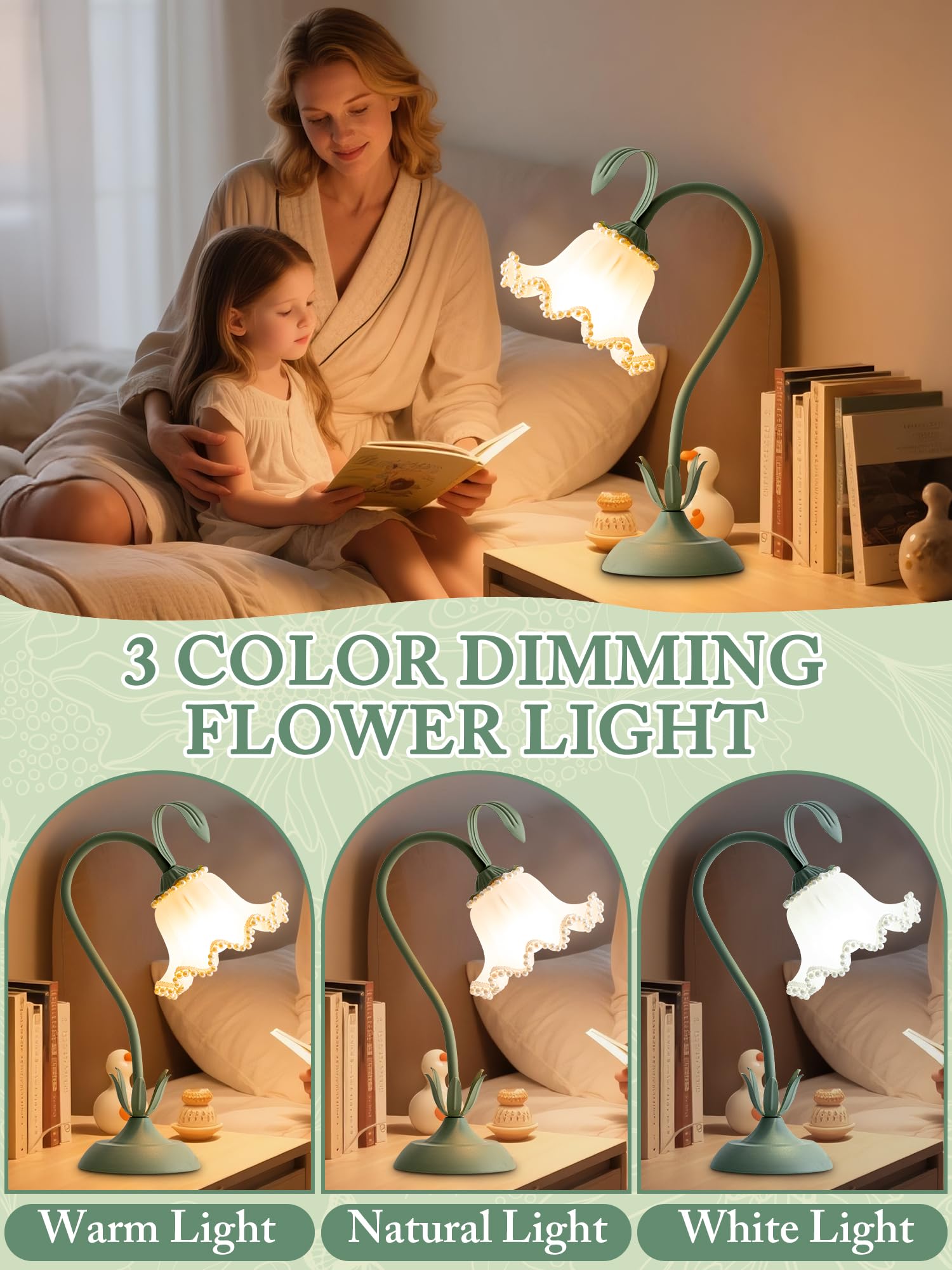 AQDZCNF Flower Table Lamp,LED Reading Light Bedside Vintage Flower Night Light,3 Colors Modes Kawaii Bedside Lamps Decor,Living Room Bedroom Room Lighting Table Lamps Home Decoration (White)