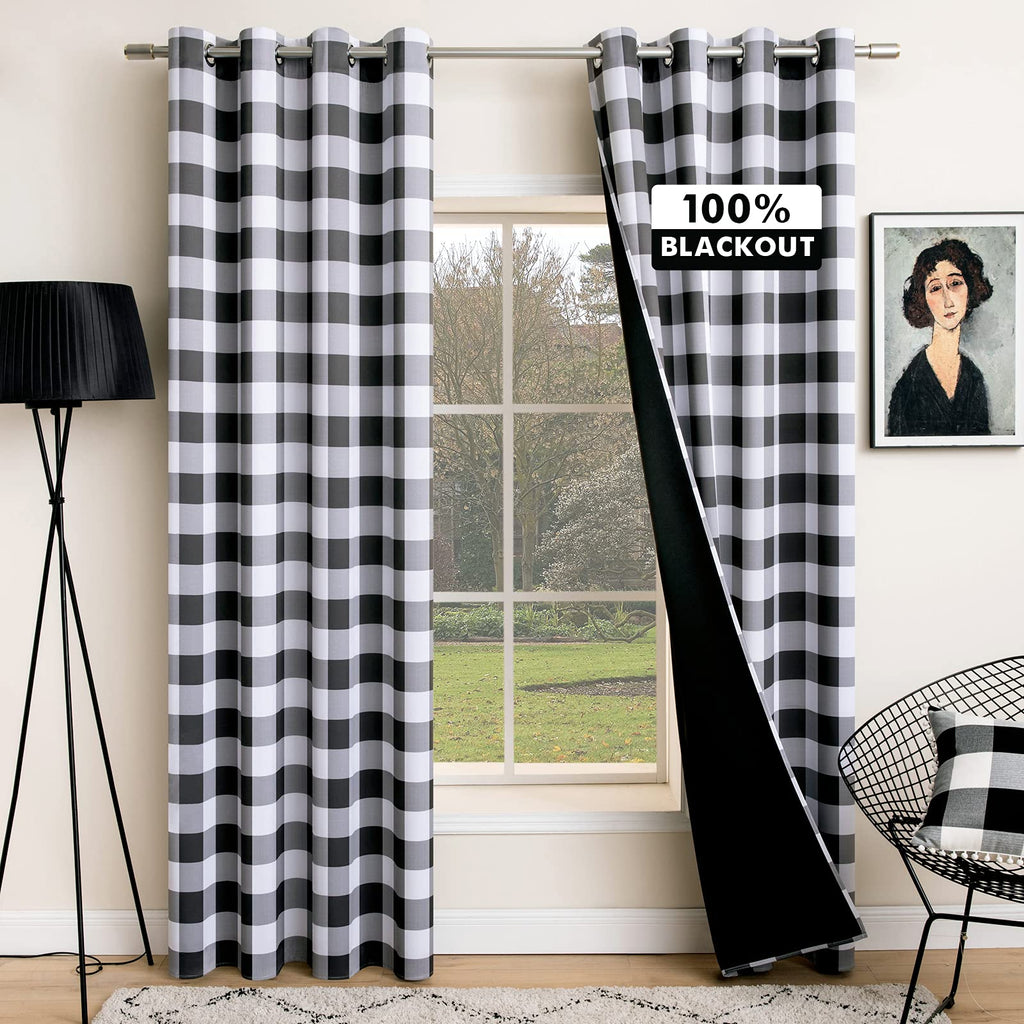 MIULEE Buffalo Plaid Curtains for Farmhouse Bedroom, Blackout Window Drapes with Grommets for Living Room Darkening Light Blocking and Thermal Insulated Set of 2 Panels, W 52" x L 63" Black and White