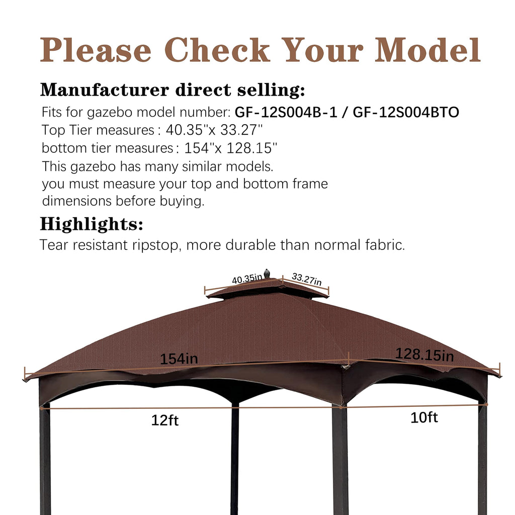 SCOCANOPY Replacement Top Compatible with The Lowe's Gazebo Model #GF-12S004B-1 / GF-12S004BTO (Grey Ripstop)