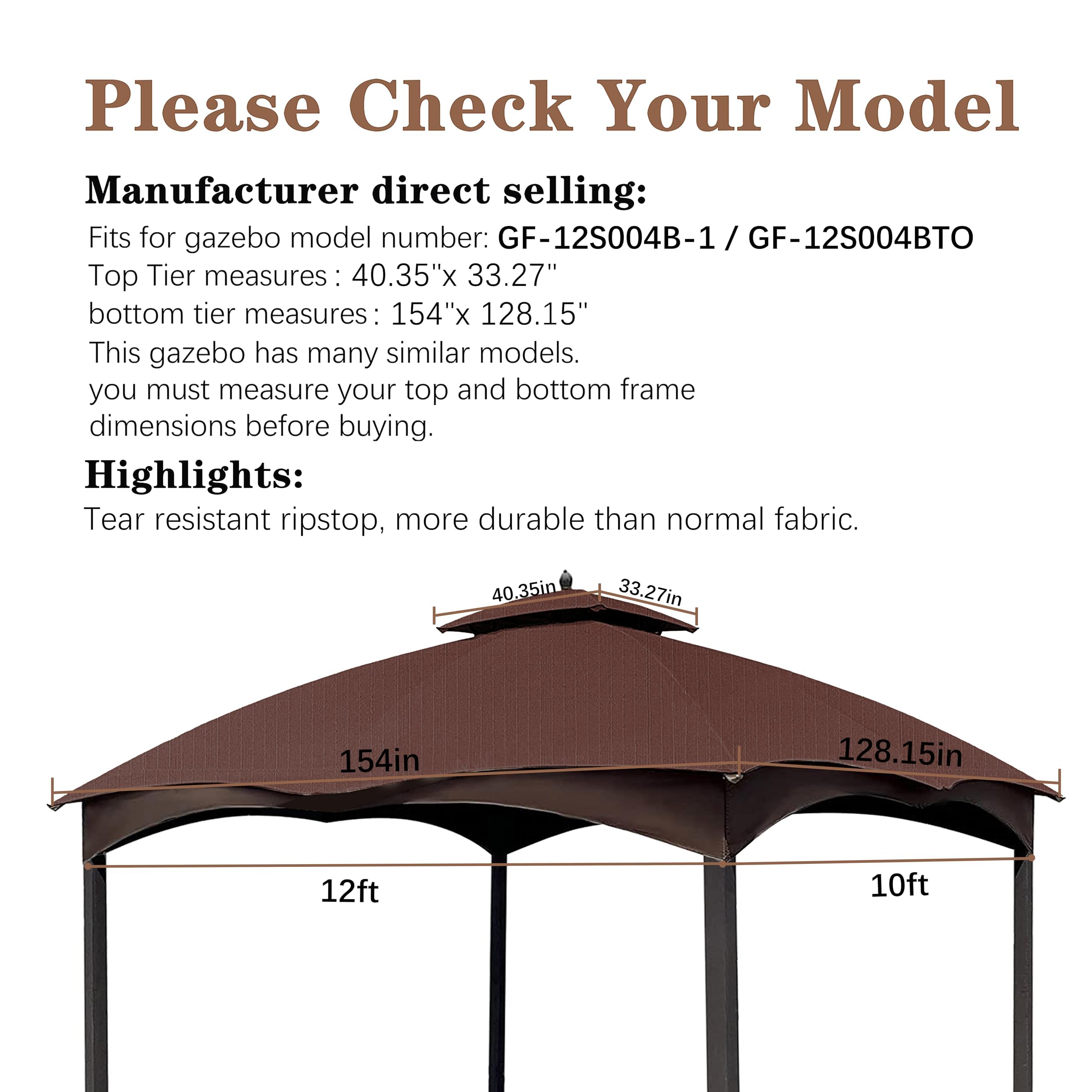 SCOCANOPY Replacement Top Compatible with The Lowe's Gazebo Model #GF-12S004B-1 / GF-12S004BTO (Grey Ripstop)