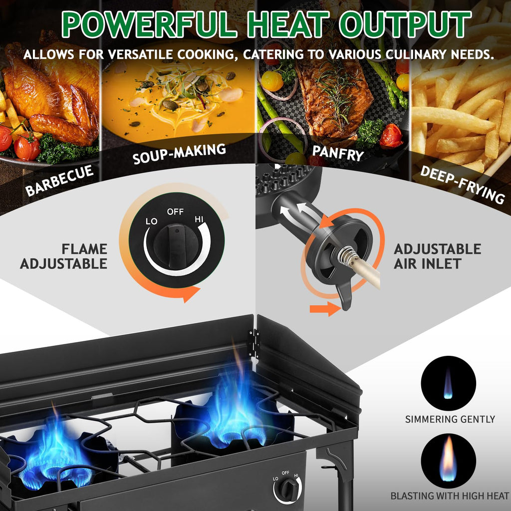 Outvita 2 Burner Propane Gas Stove for Outdoor Cooking, 150,000 BTU Camping Cooker with Removable Legs, Temperature Control Knobs for Backyard Cooking, BBQ, Baking and Frying