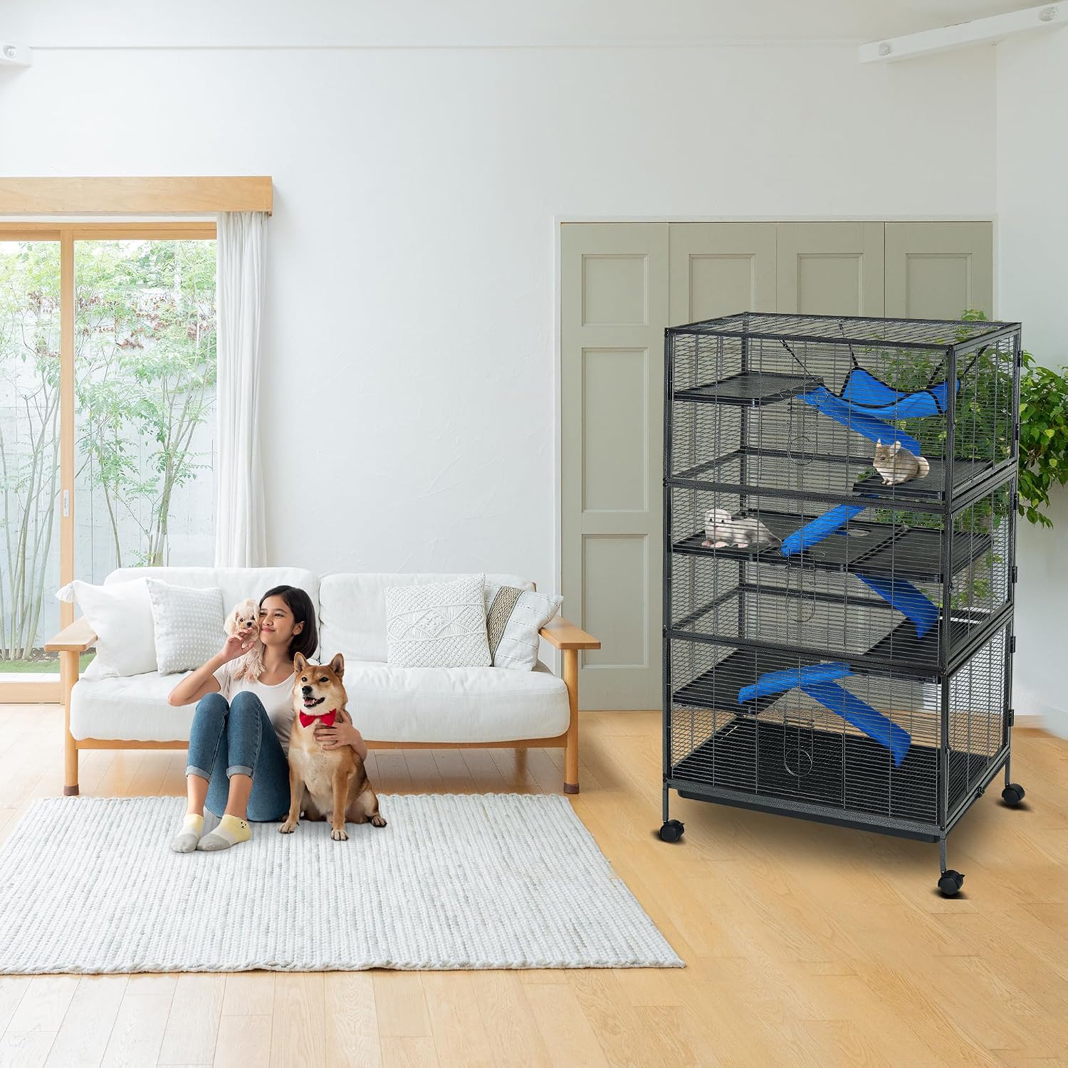 Metal Small Animal Cage 6-Tier Ferret Sugar Glider Cage for Chinchillas/Guinea Pig/Rabbit/Large Hamste Rolling Critter Nation Cage with Flannel ramps, Removable Tray,6 Doors Easy Clean
