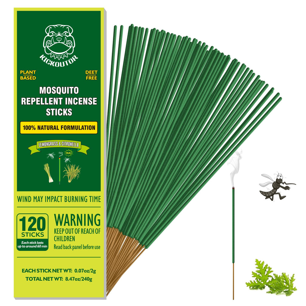 KICKOUTOR Mosquito Repellent Incense Sticks with Natural Citronella Oil, 120 Count DEET-Free Outdoor Protection for Patios, Backyard Gatherings & Camping, Up to 1 Hour Against Gnats & No-See-Ums