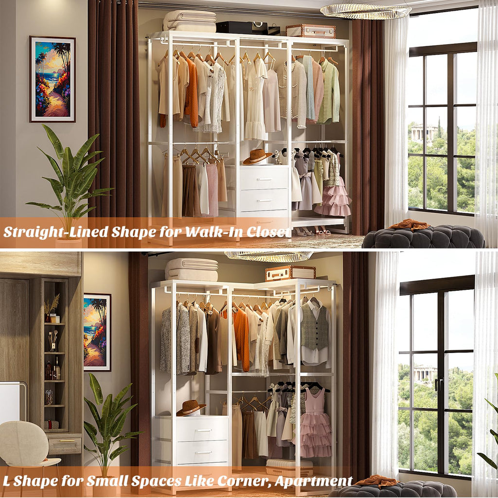 Aheaplus Garment Rack Heavy Duty Clothes Rack for Hanging Clothes,Clothing Rack with Drawers, Wood Stoarge Shelf Freestanding Closet Wardrobe Rack, Corner L Shaped Closet System Organizers, Grey