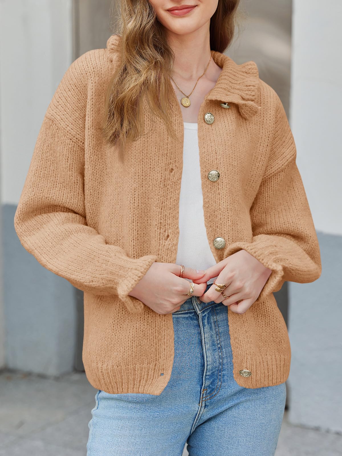 Saodimallsu Womens Ruffle Cardigan Oversized Button Up Fall Trendy Ribbed Knit Open Front Long Sleeve Loose Cute Sweater