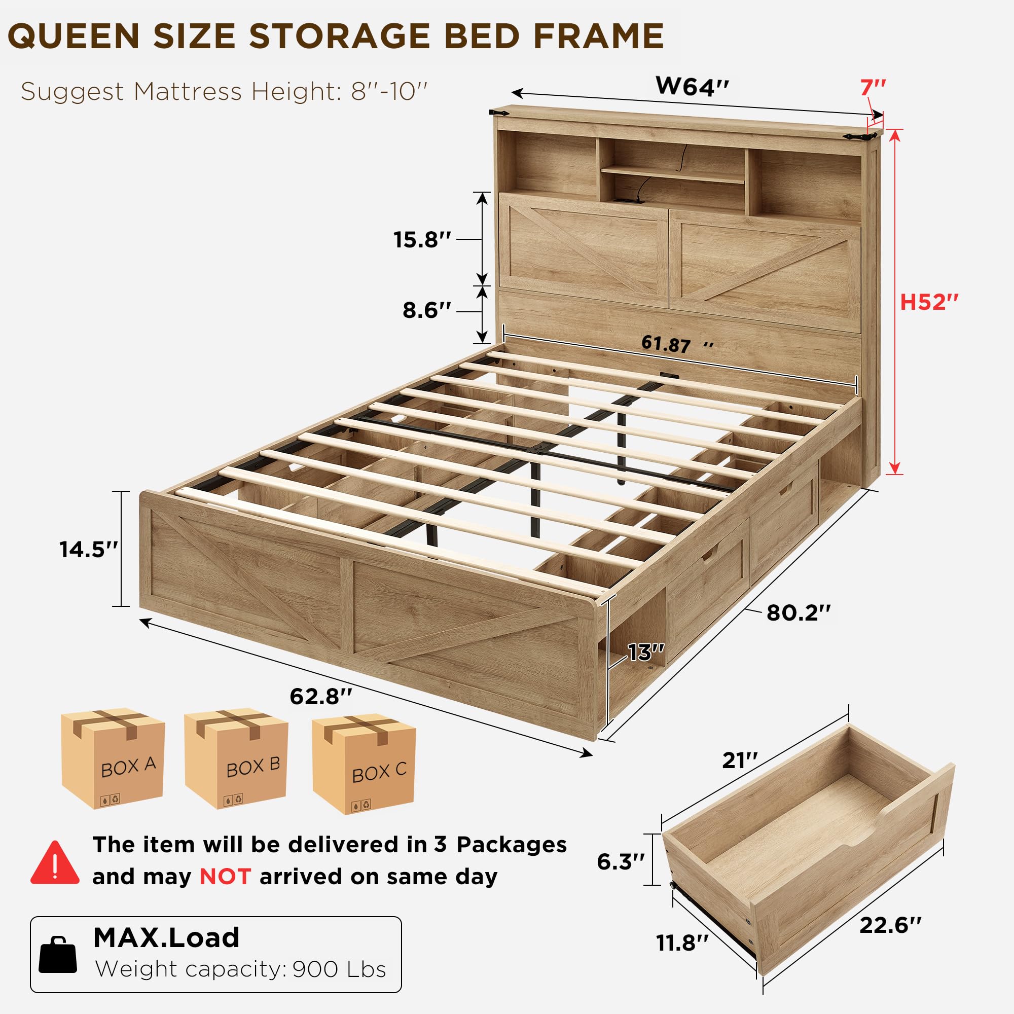 ACCOHOHO Farmhouse Queen Size Bed Frame with 52" Storage Bookcase Headboard and 4 Drawers,Wood Bed Frame with LED Light and Charging Station,Natural Oak