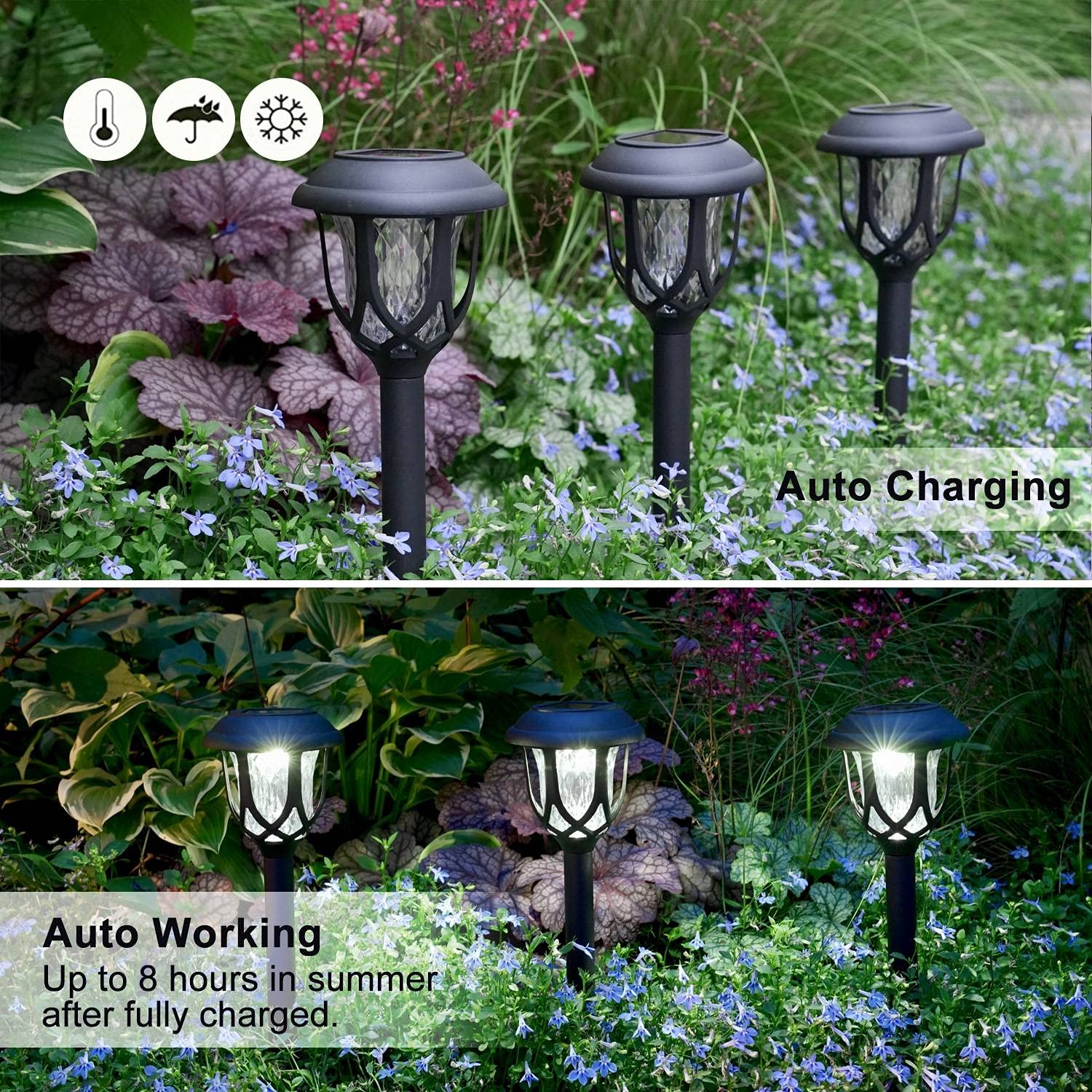 EXCMARK 10 Pack Solar Lights Outdoor Decorative, Solar Pathway Lights Outdoor, Solar Powered Garden Yard Lights for Walkway Sidewalk Driveway. (Black, Cool White)