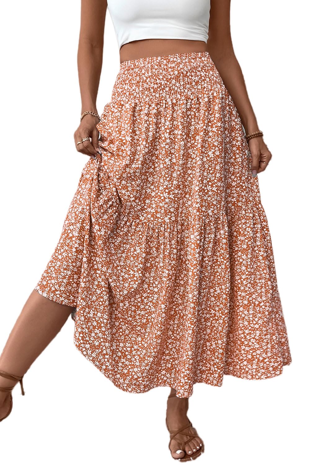 Women's Smocked High Waist Maxi Skirt Casual Boho Long Skirts with Pockets