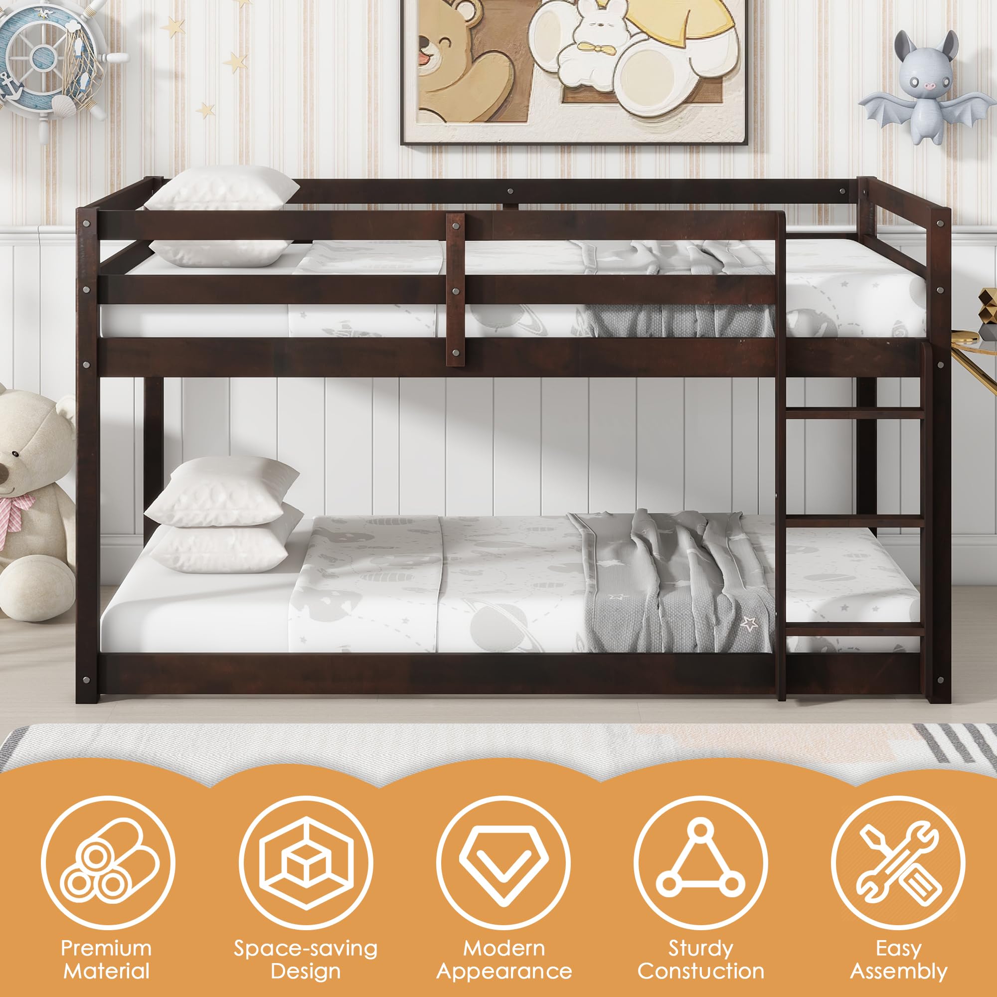 Bunk Bed Twin Over Twin, Wood Low Profile Floor Twin Bunk Beds with Headboard Ladder Guardrails for Kids Boys and Girls, No Box Spring Needed