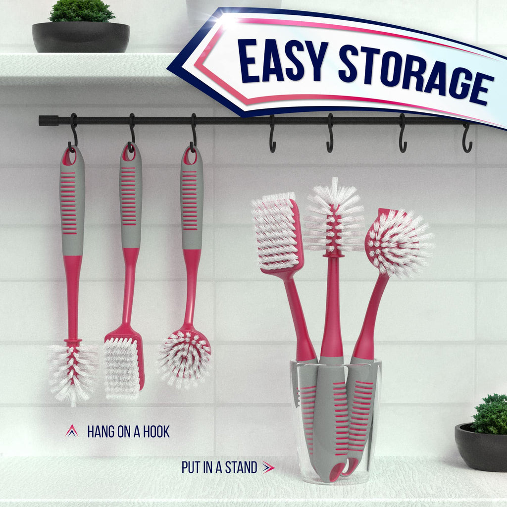 Dish Brush Set of 5 with Holder - Kitchen Scrub Brushes with Non-Slip Long Handle for Cleaning, Scrubber, Dishwashing, Dishes, Bottles, Straws, Cups, Pots & Sink, Baige
