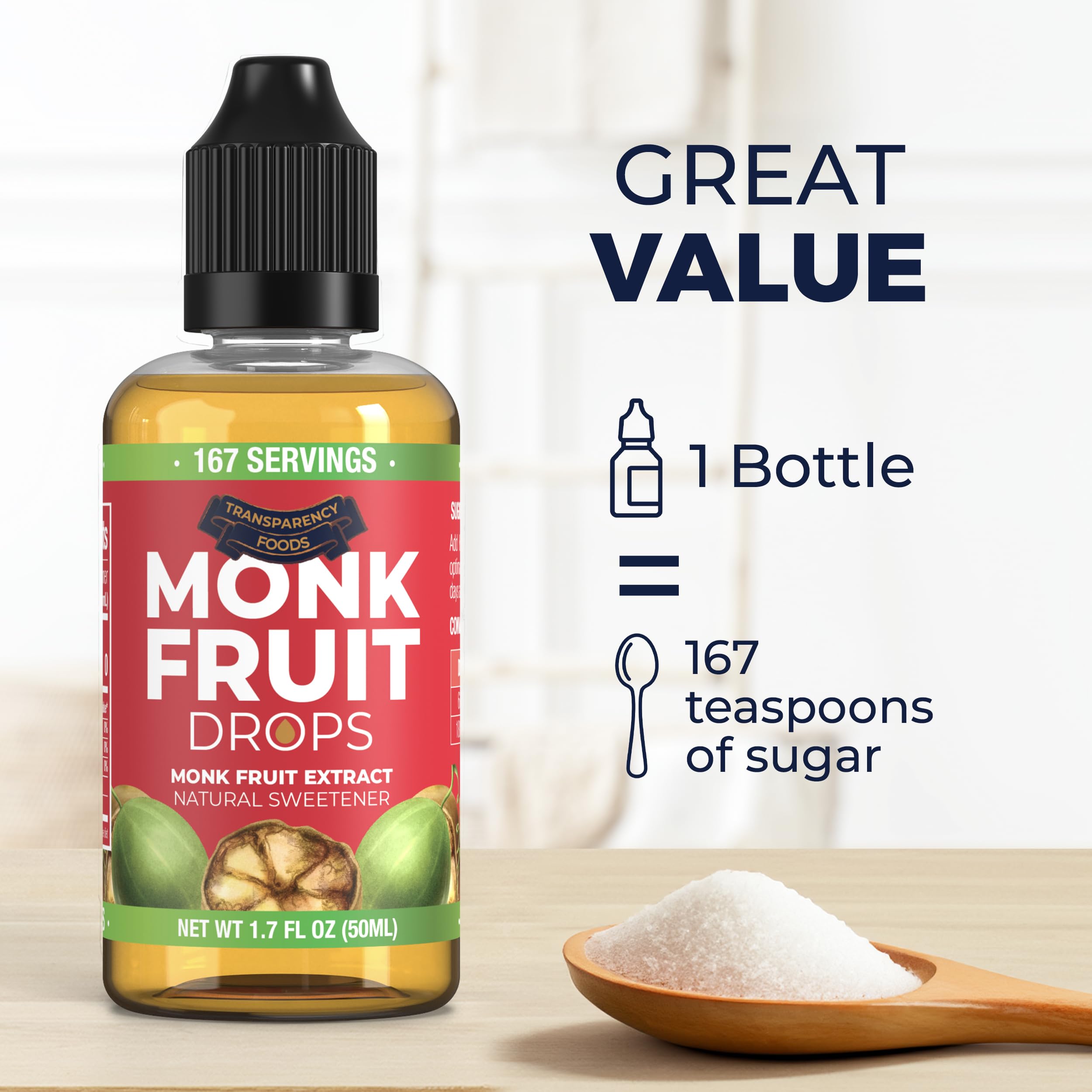 Monk Fruit Extract (6 Drops = 1 Tsp of Sugar) Zero Calories, Non-GMO, No Fillers - Liquid Monk Fruit Sweetener No Erythritol by Transparency Foods NEW FORMULA (1.7oz, 167 servings)