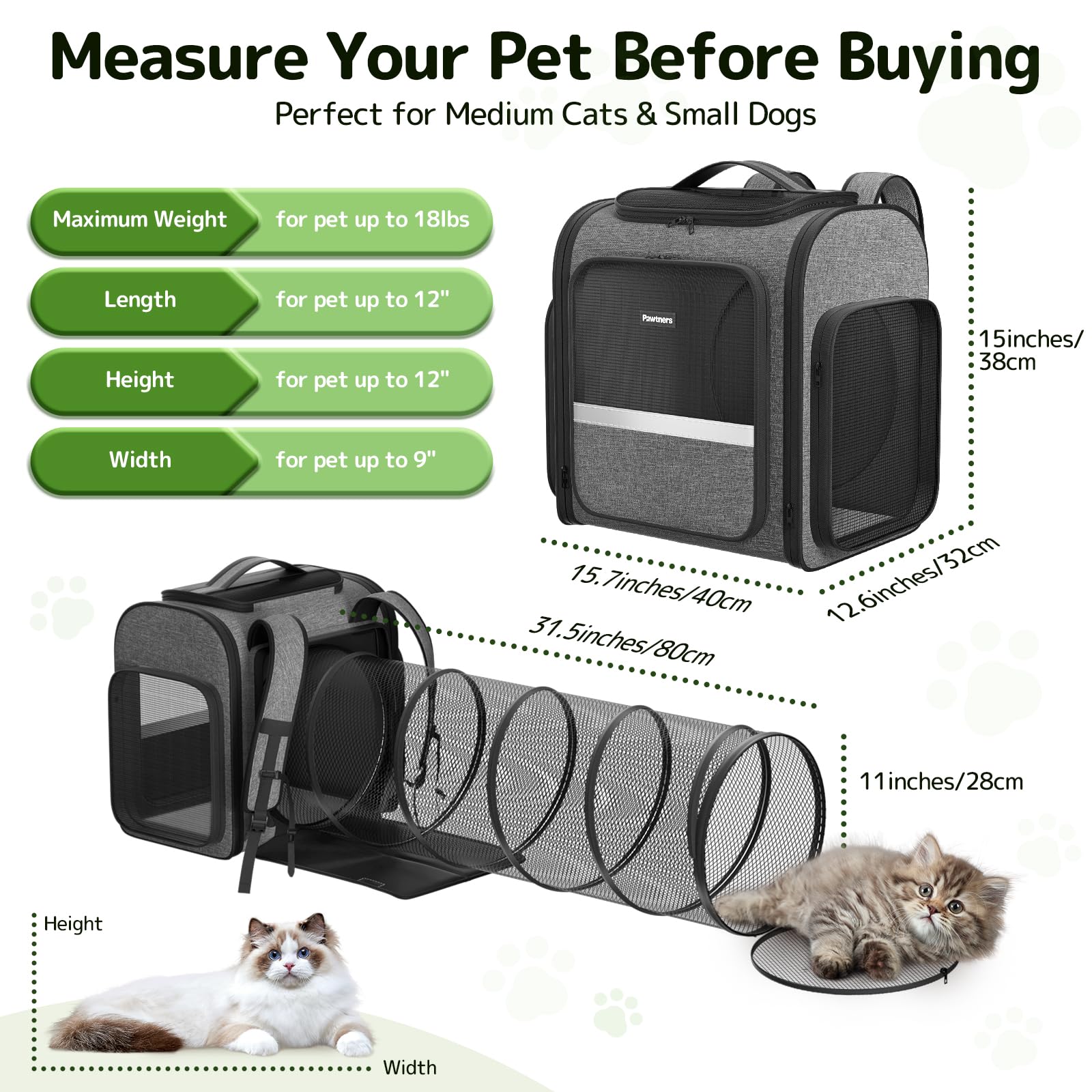 Cat Carrier Backpack with Detachable Play Tunnel, 2 in 1 Cat Tunnel Backpack Suitable for Carrying & Playing, Expandable Pet Carrier for Small Medium Kitten Puppy, Suitable for Travel Hiking Camping
