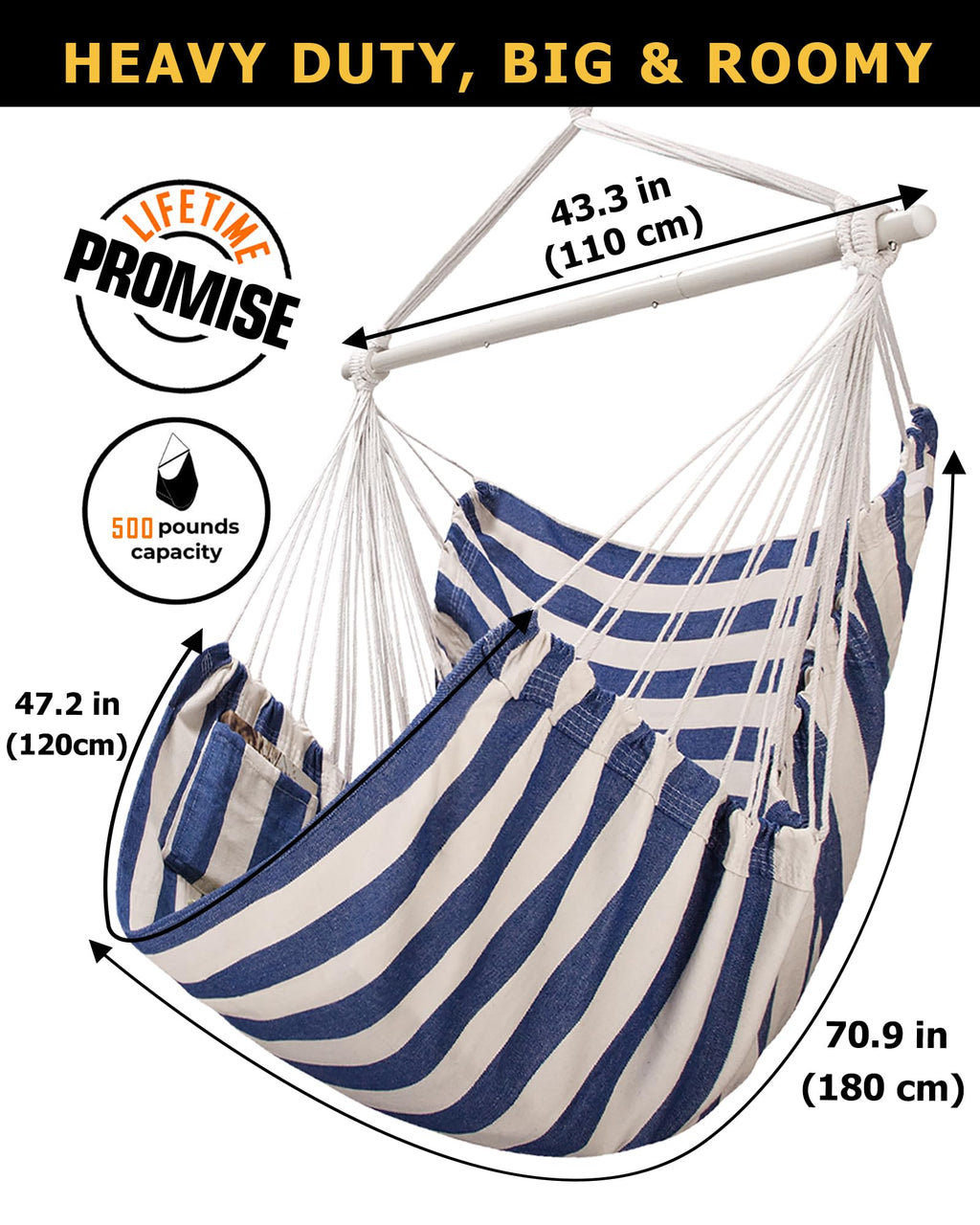 ADVOKAIR Hammock Chair Large 70.9"x47.2", 32% Bigger XXL Hanging Swing Chair with 500lbs Capacity, Heavy Duty Steel Spreader Bar, Extra Roomy Comfort for Adult Indoor Outdoor Bedroom Patio
