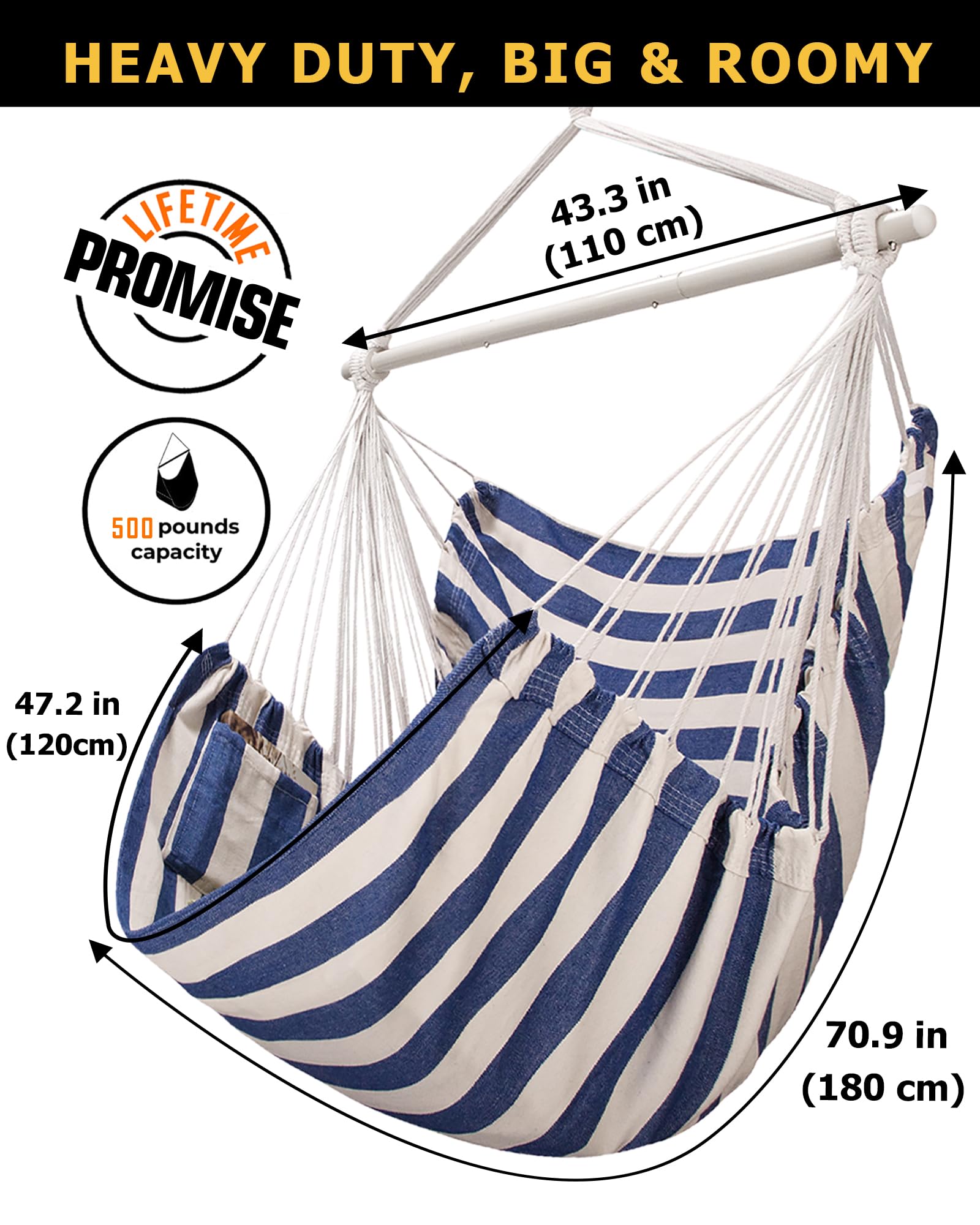 ADVOKAIR Hammock Chair Large 70.9"x47.2", 32% Bigger XXL Hanging Swing Chair with 500lbs Capacity, Heavy Duty Steel Spreader Bar, Extra Roomy Comfort for Adult Indoor Outdoor Bedroom Patio