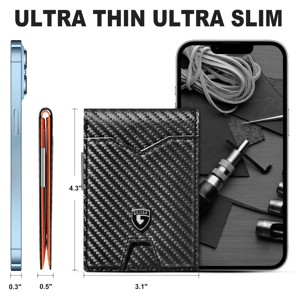 GSOIAX Slim Wallet for Men Rfid Blocking Leather Bifold Front Pocket Carbon Fiber Men's Money Clips Credit Card Holder With Gift Box