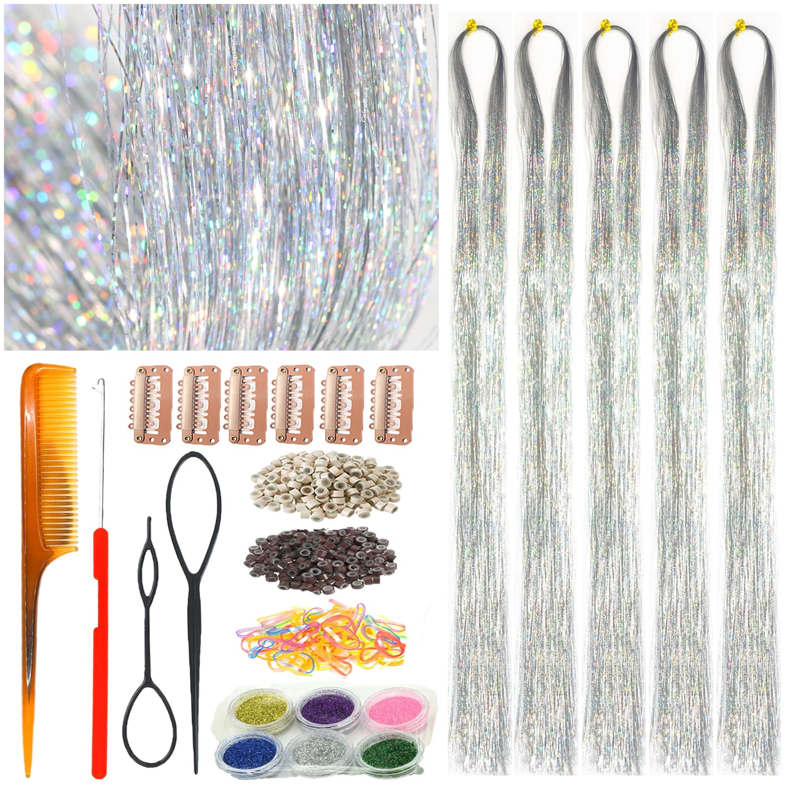 Celinebella Bubblegum Pink Hair Tinsel, 48" 1250 Strands Bright Shimmer | Vibrant hot pink bubblegum tone, youthful energetic, heat resistant, great for prom concerts birthday parties events