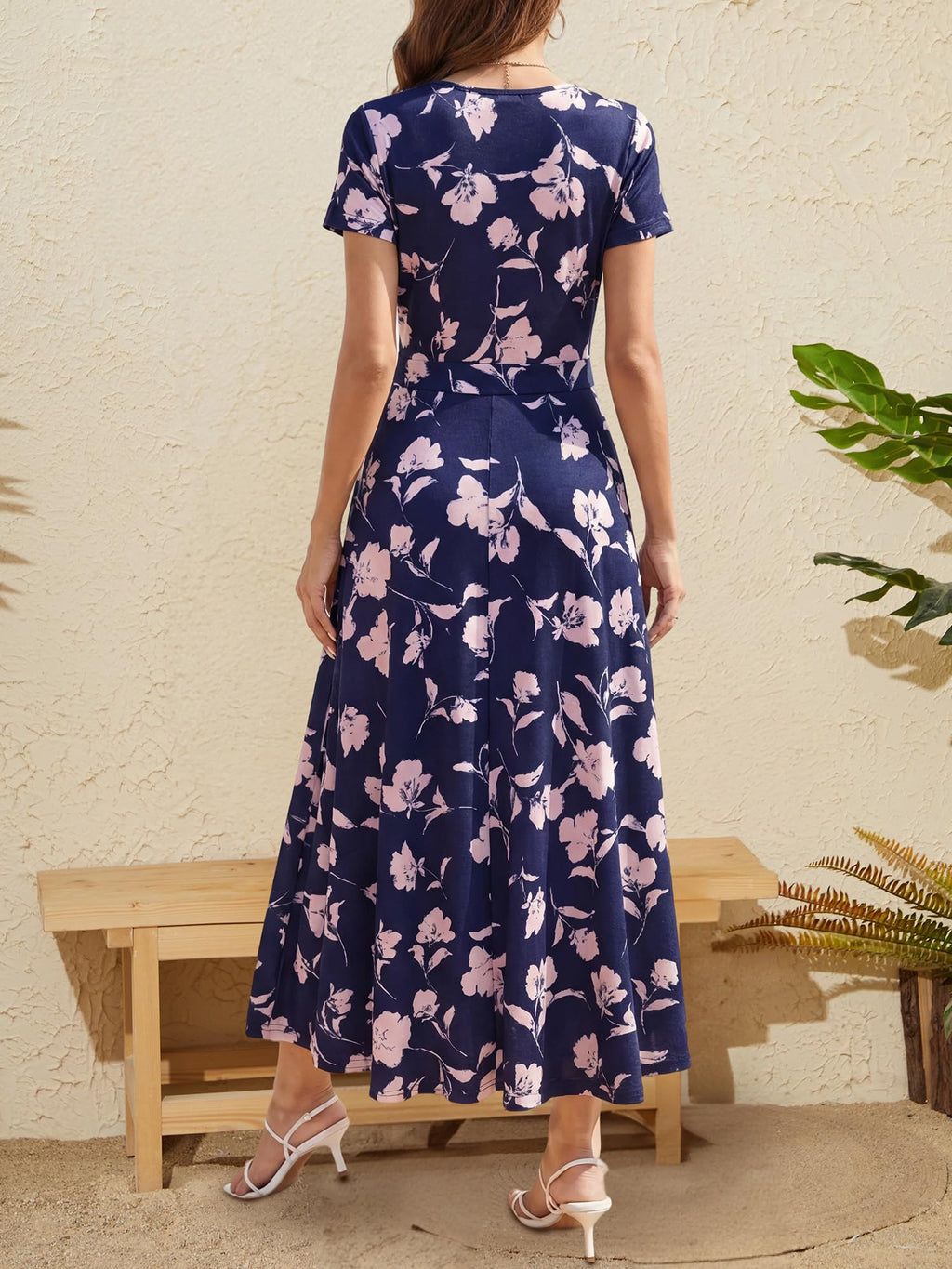 HUHOT Women's Short Sleeve Wrap V Neck Dresses for Wedding Guest Summer Floral Maxi Sundresses with Pockets Boho Dress