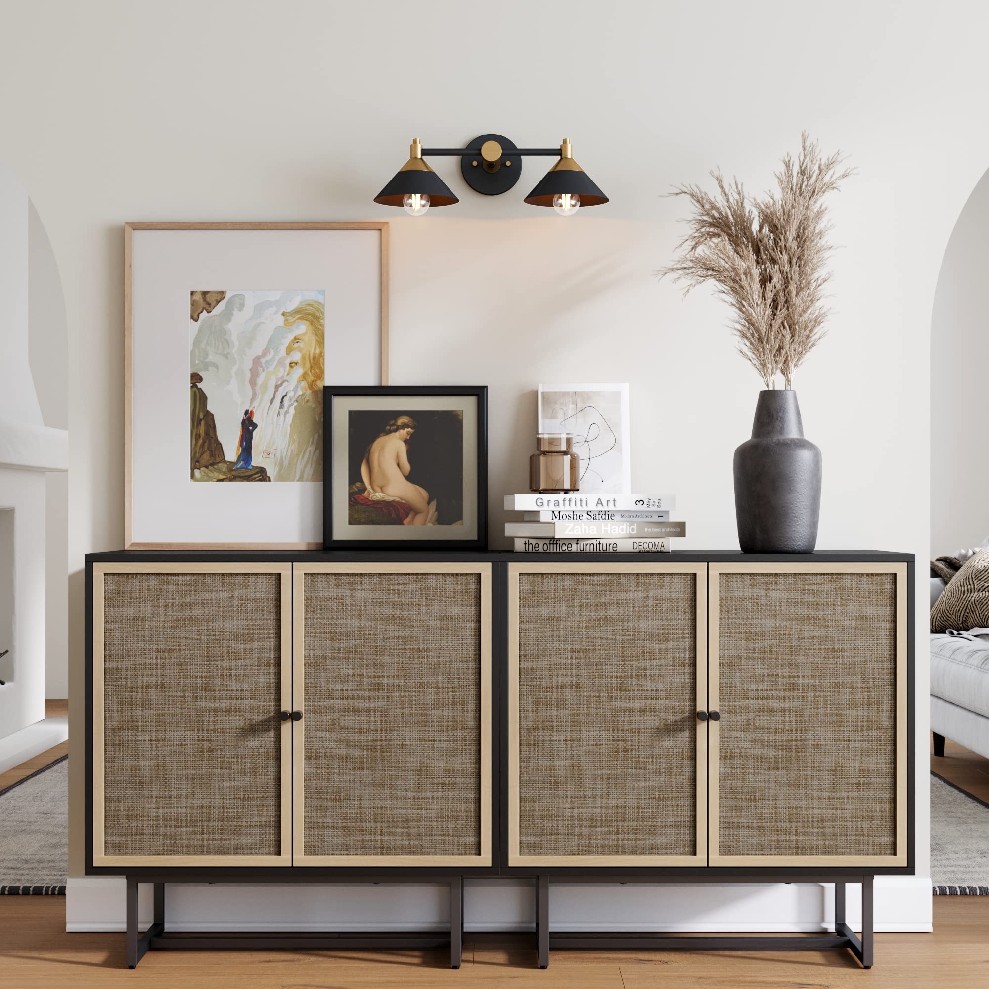 Nathan James Kova Rattan Wood Accent Sideboard Storage Cabinet with Matte Metal Frame, Adjustable Interior Shelves and Cane Doors, for Hallway, Entryway or Living Room, Black Oak/Cane
