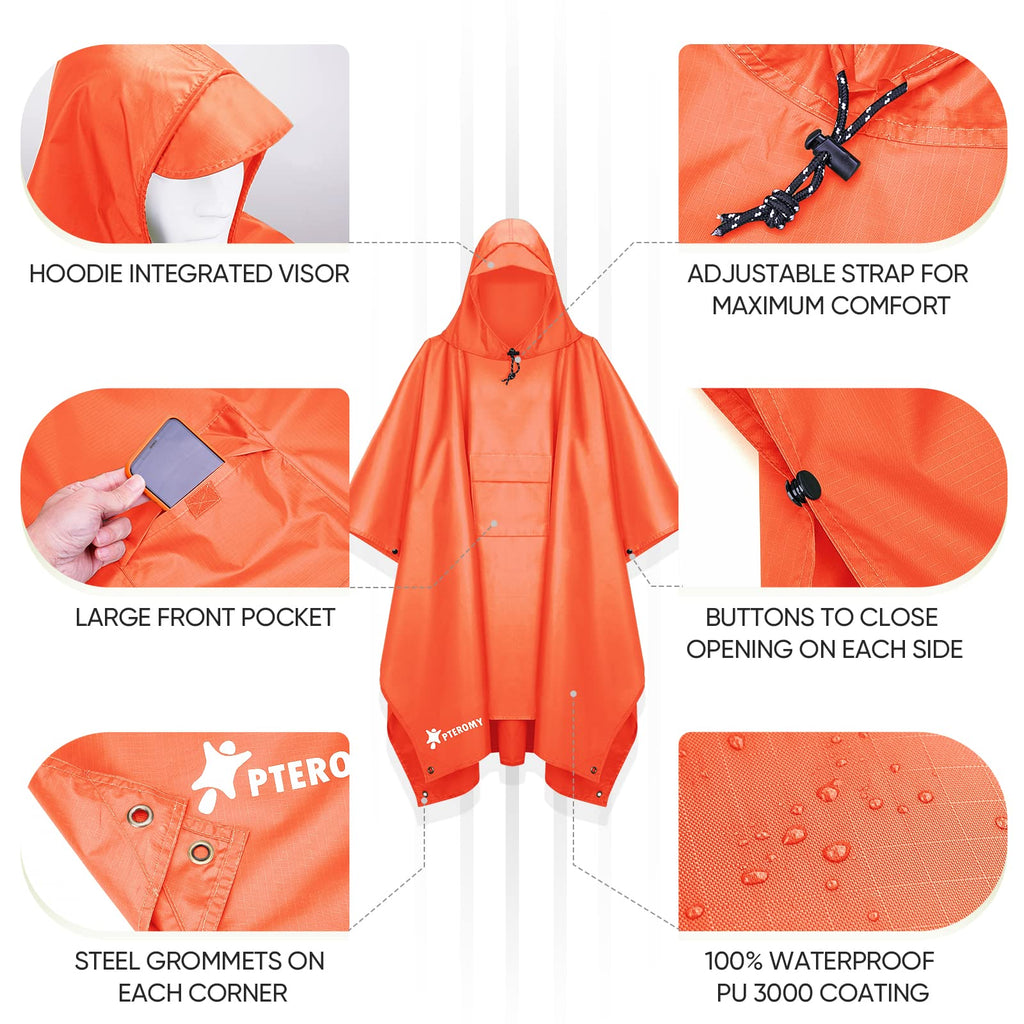 PTEROMY 3-in-1 Hooded Rain Poncho for Adult with Pocket, Waterproof Lightweight Unisex Raincoat for Hiking Camping Emergency
