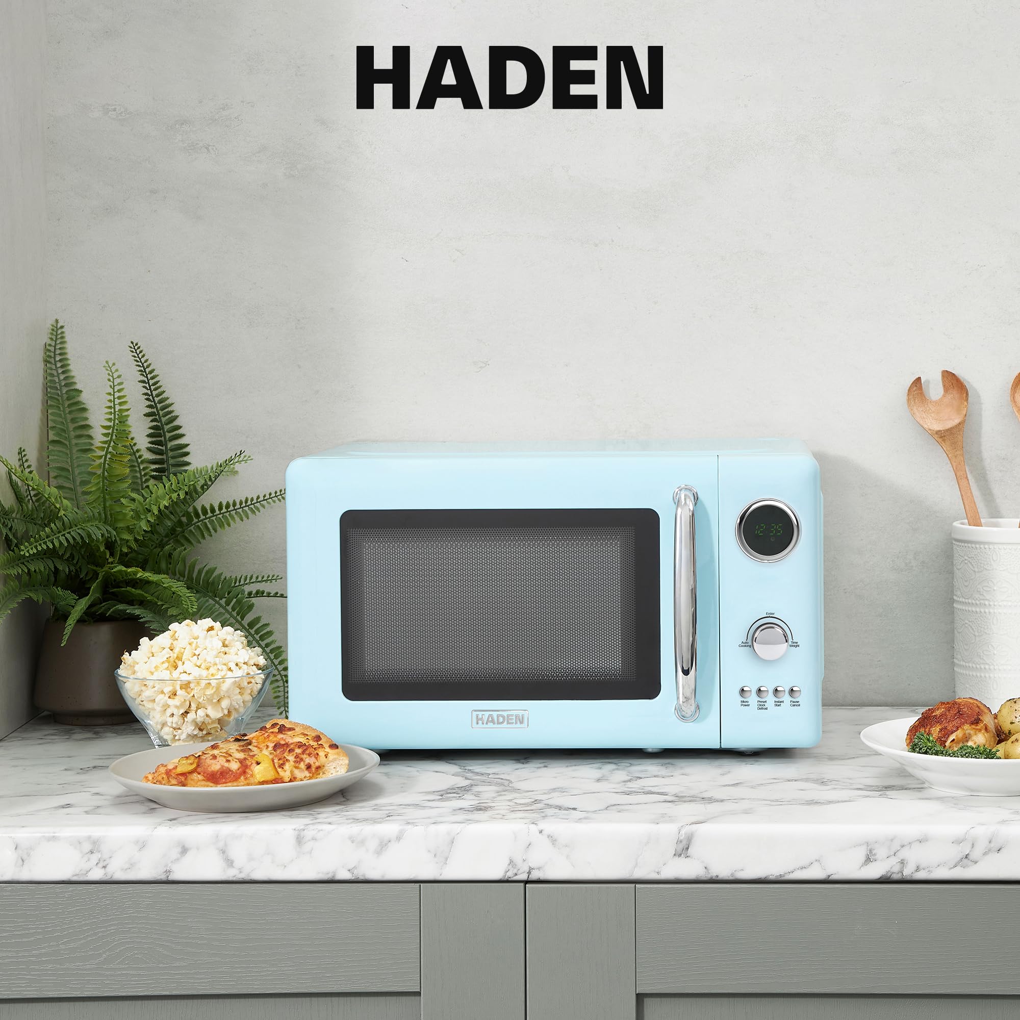Haden 700 Watt 0.7 Cubic Foot Microwave Oven with Digital Controls, Defrost, and Instant Start Countertop Small Appliance, Ivory/Chrome