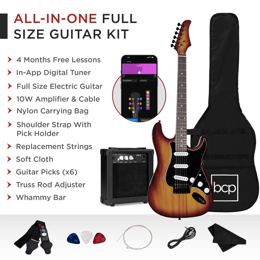 Best Choice Products 39in Full Size Beginner Electric Guitar Starter Kit w/Case, Strap, 10W Amp, Strings, Pick, Tremolo Bar - 3 Color Sunburst