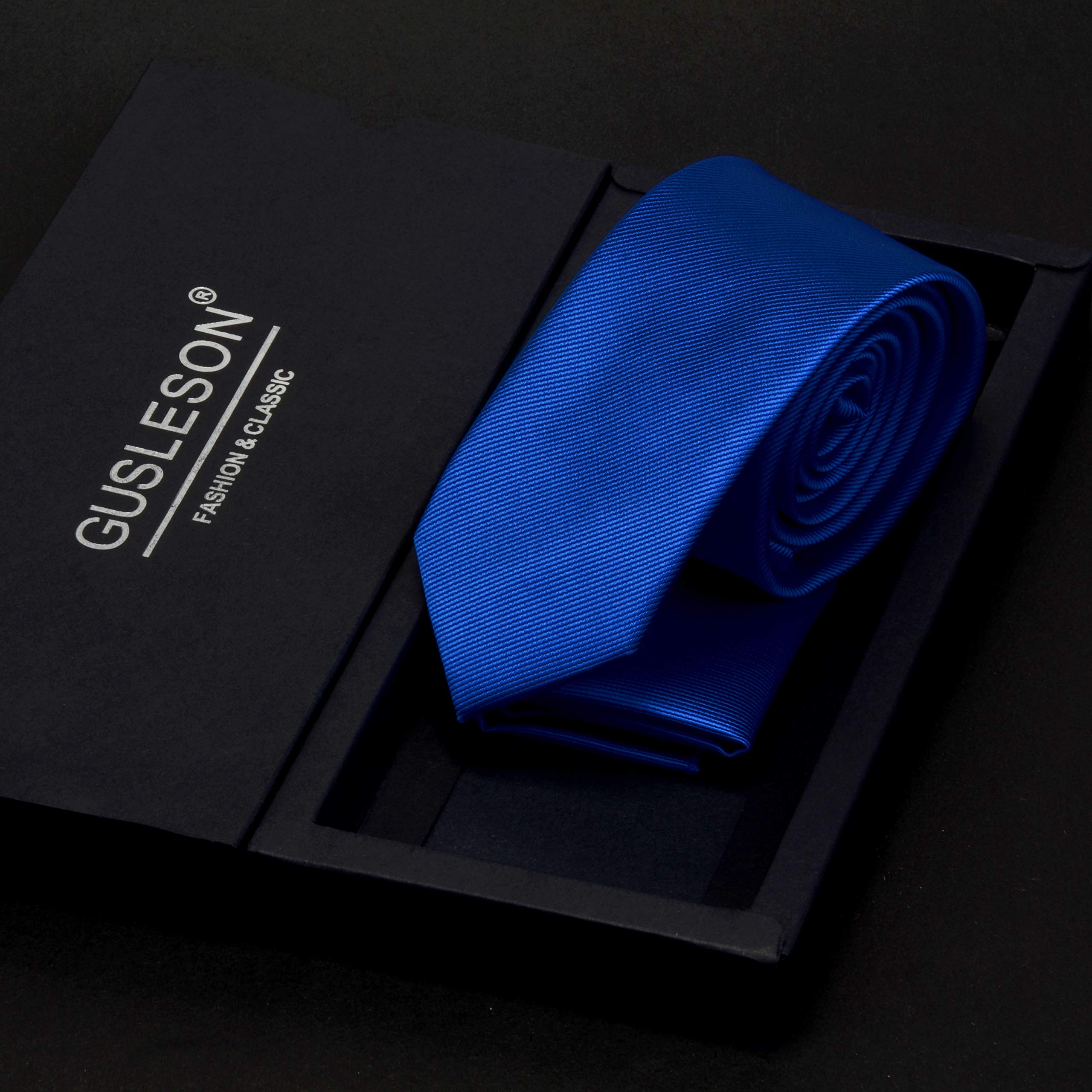 GUSLESON 2.4" Slim Necktie and Handkerchief Set For Men Solid Skinny Tie Set
