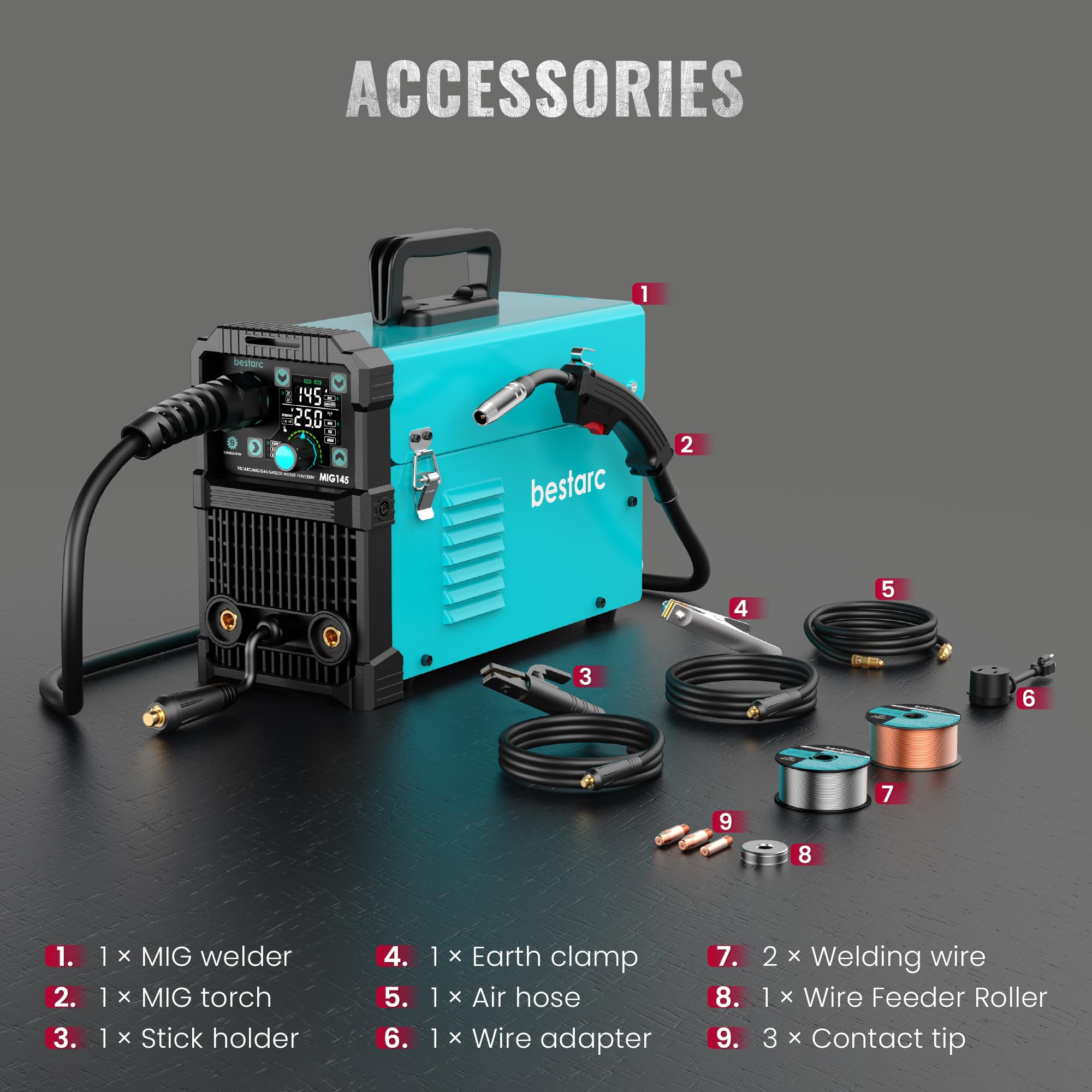 Bestarc 145A MIG Welder, 110V 220V 4 in 1 Gas/Flux Core MIG/Lift TIG/Stick Welder Machine, Large LED Display Welding Machine, IGBT Inverter Welder MIG145 Soild Gasless Synergy MIG Welder