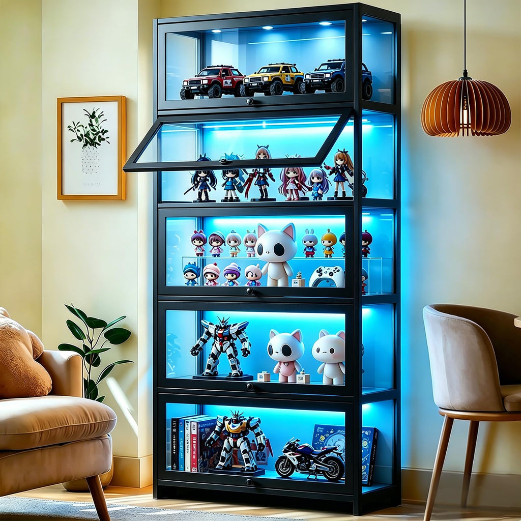 Display Cabinet with Acrylic Glass Door, 5 Tier Curio Display Case, Collectibles Toy Organizers Rack & Display Shelf, Kids Bookcase for Bedroom, Reading Nook, living Room, Bamboo (Black -flip Door)
