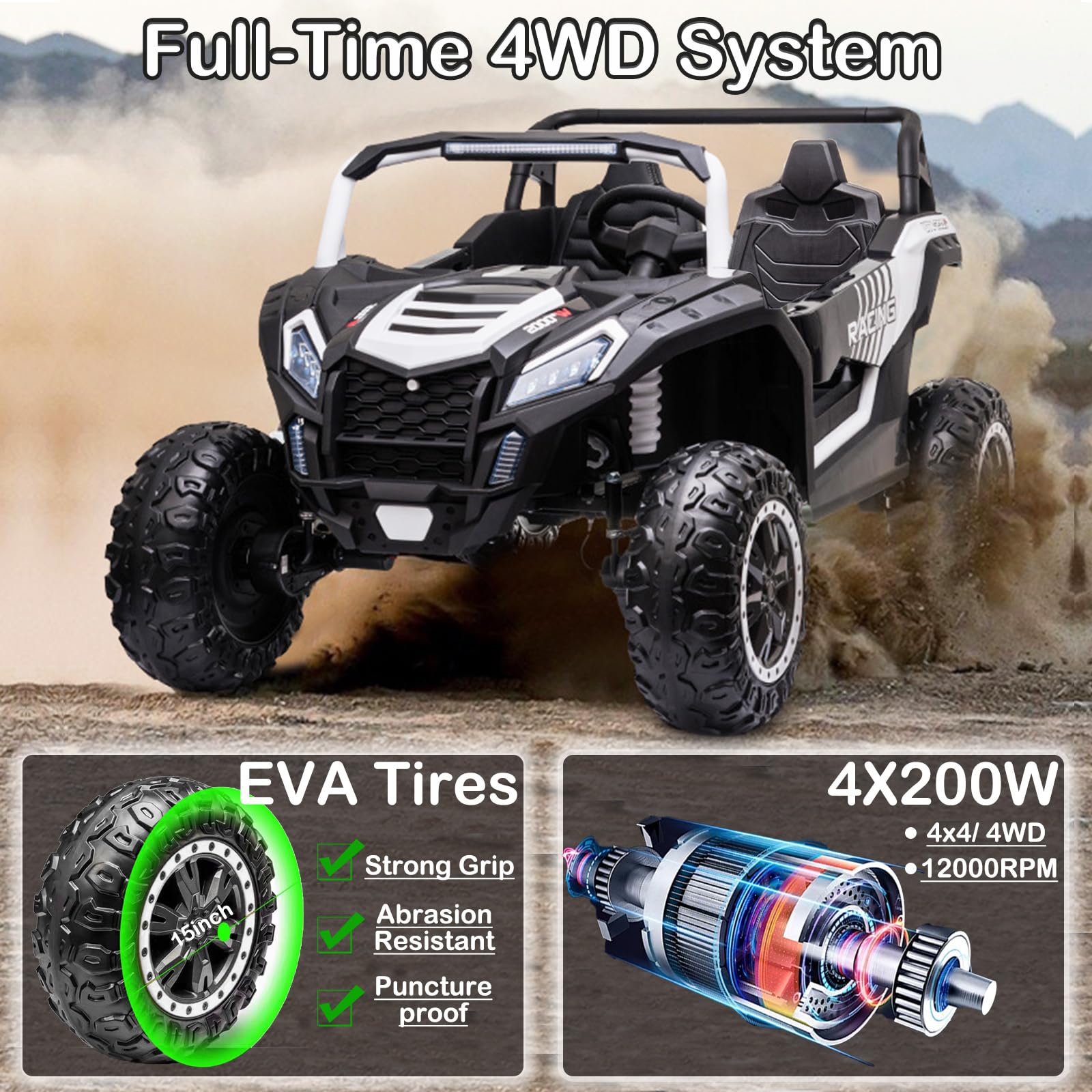 NEWQIDA XXXL 24V Ride On Toys for Big Kids UTV 2 Seater Electric Car w/Remote Control, 4WD Off-Road Side by Side, Max 220lbs, 24.8" Spacious Seat, EVA Tires, Up to 5.6 MPH, Rear Shock Absorbor, Black